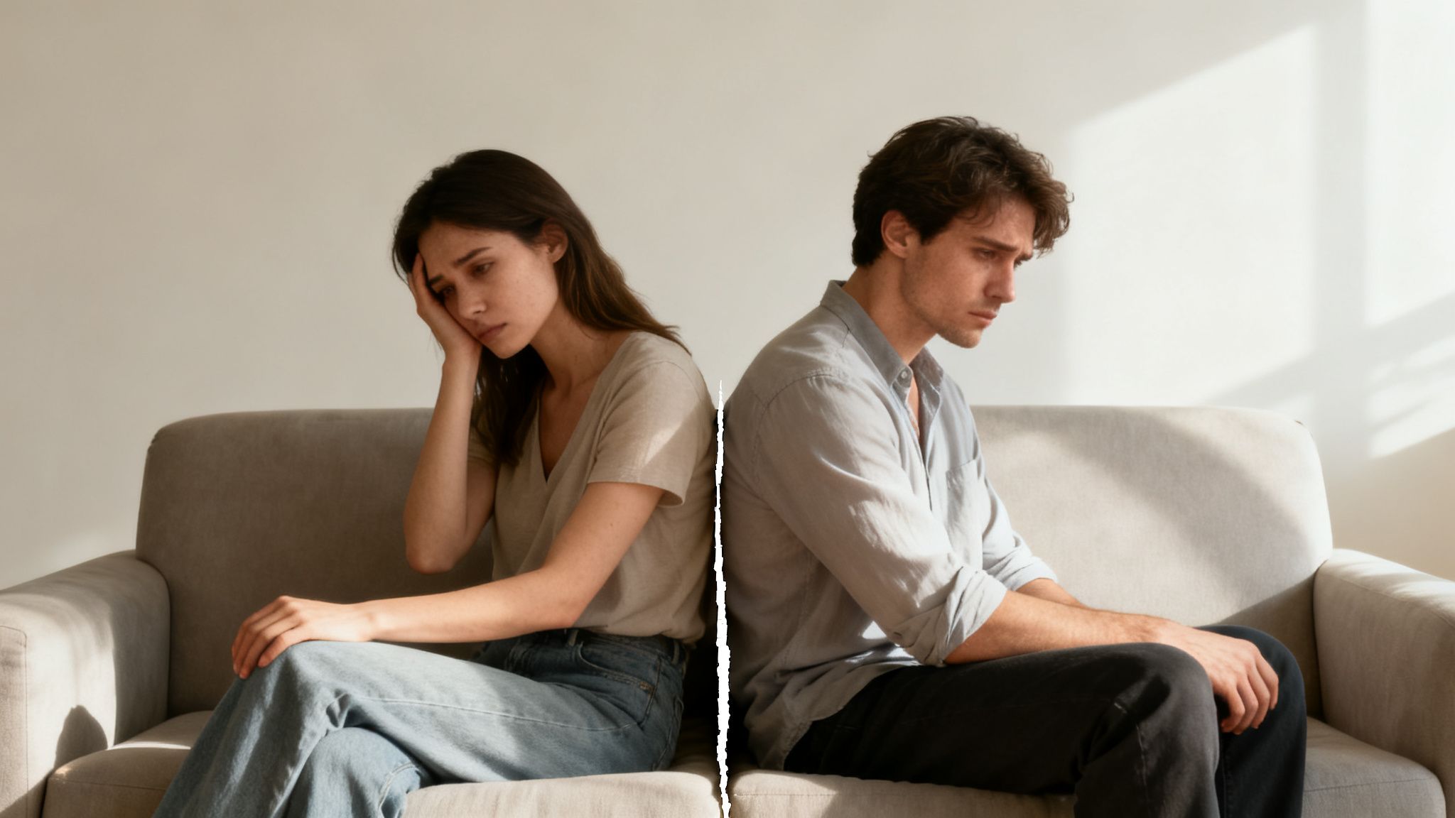 A sad couple sits back-to-back on a sofa, representing distance and relationship problems.