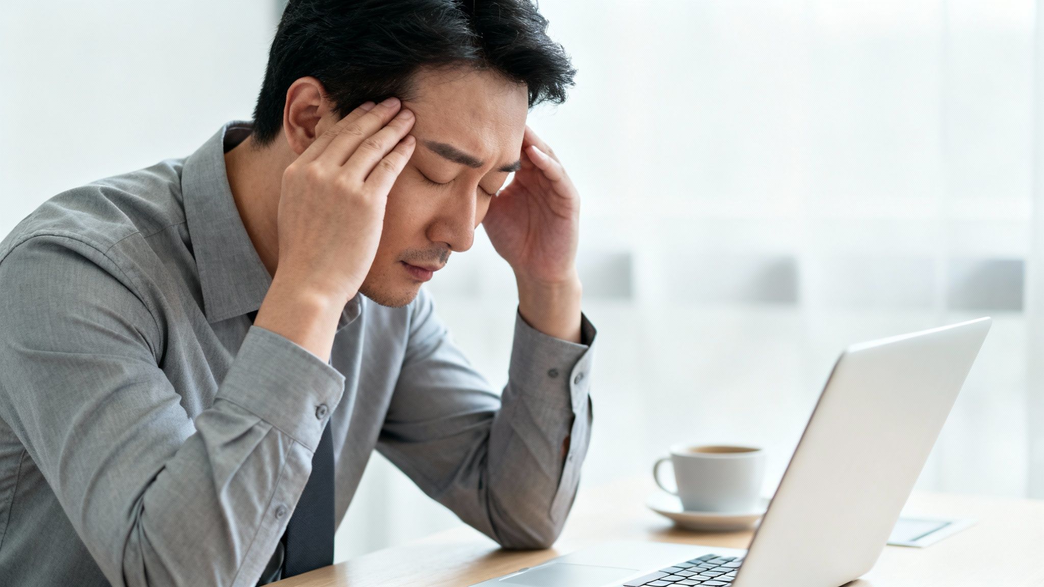 A man with a headache sits at a desk, eyes closed, looking stressed at work.