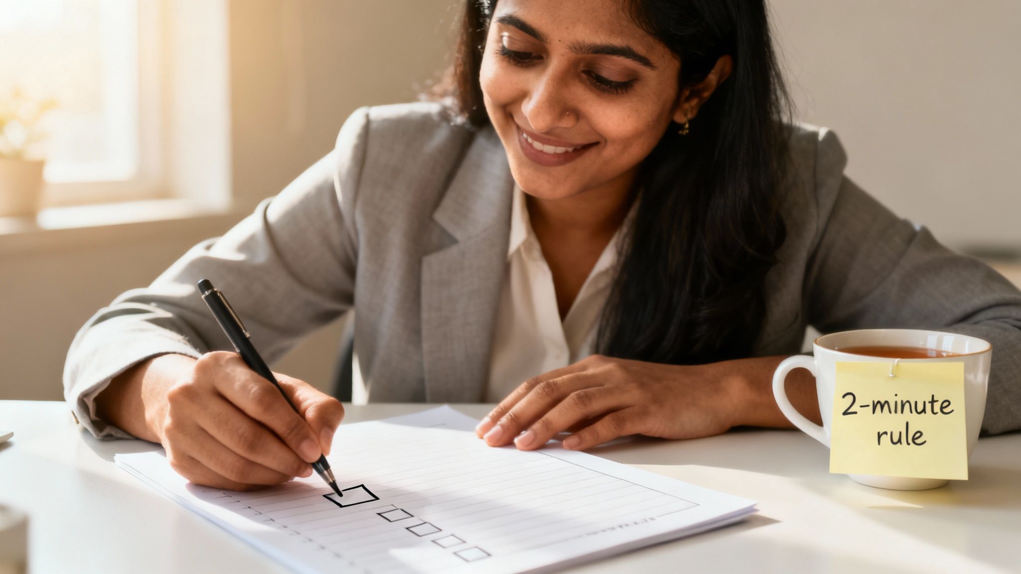 A smiling woman checks off a task on a paper checklist, next to a cup with a '2-minute rule' note.