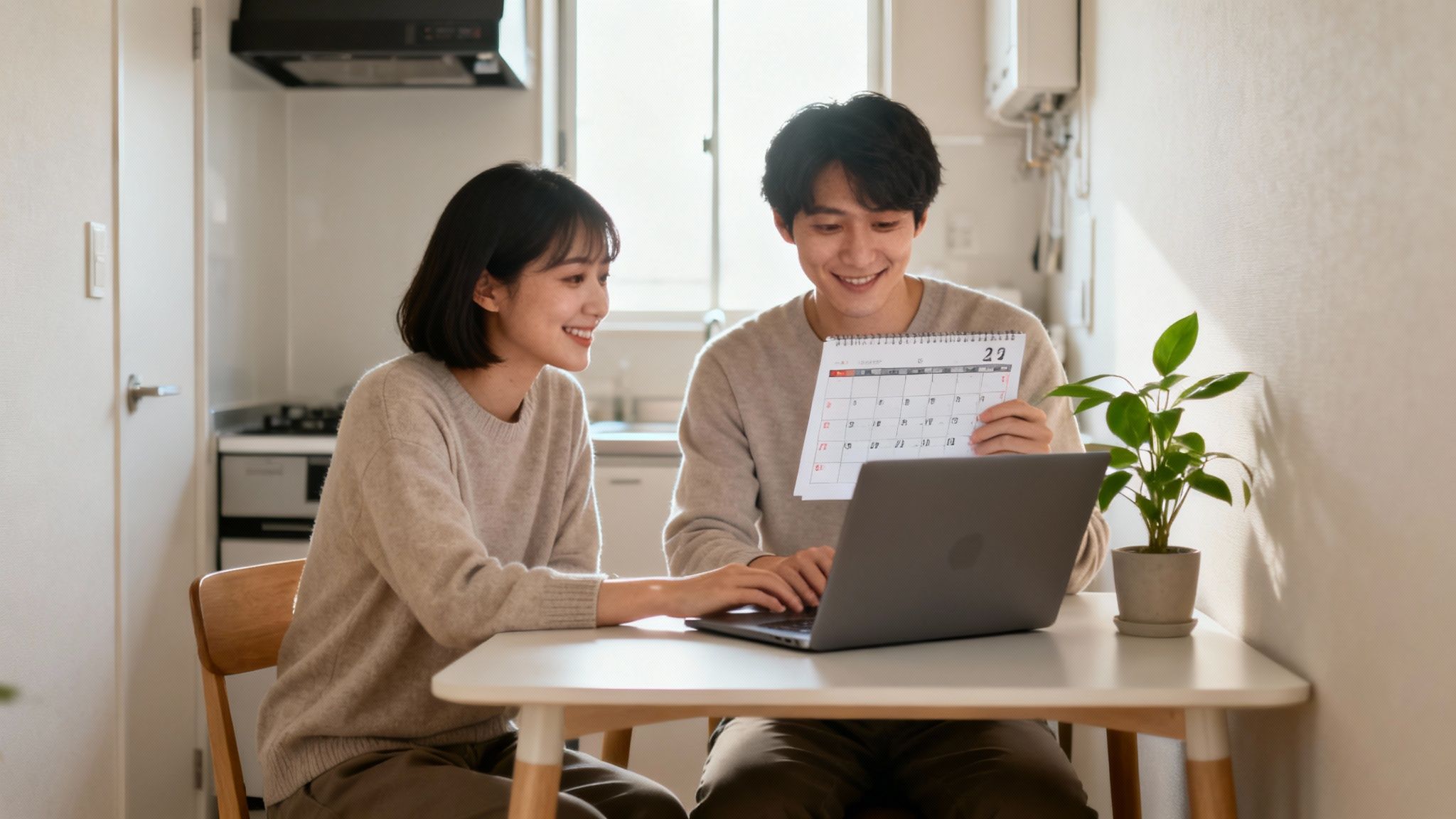 A happy Asian couple smiling while planning schedules with a laptop and calendar at home.