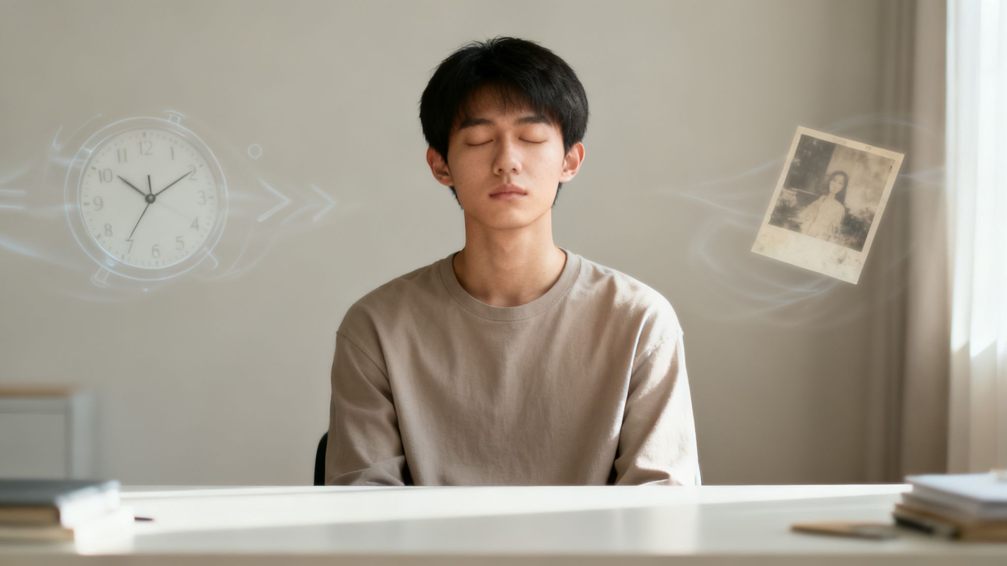 Young man meditating with closed eyes, surrounded by a clock and an old photograph.