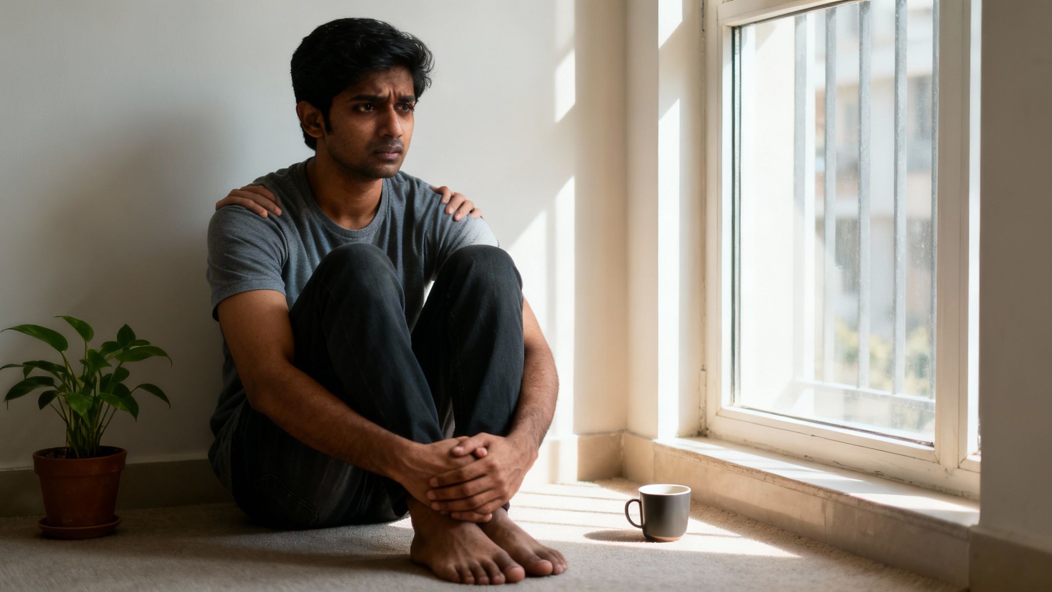 A distressed young man sits on the floor, receiving a comforting touch on his shoulder.