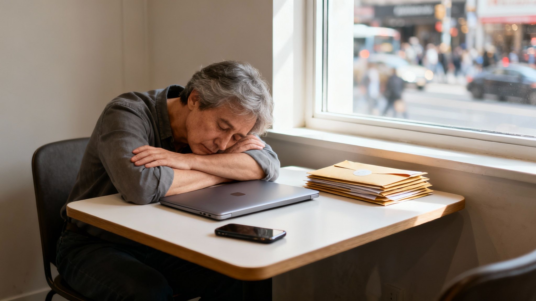 An older man sleeps on a desk with a laptop, phone, and envelopes by a city window.