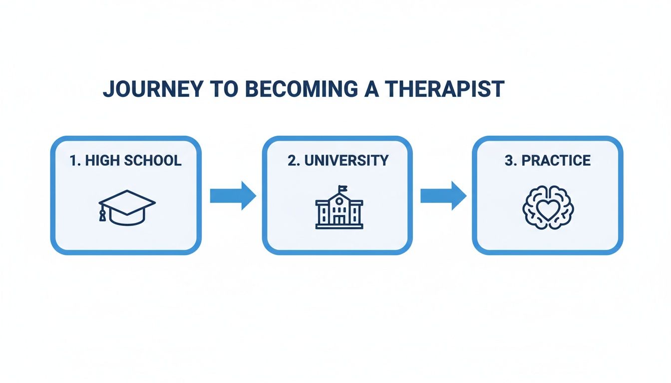 A visual flowchart outlining the journey to becoming a therapist: High School, University, and Practice.
