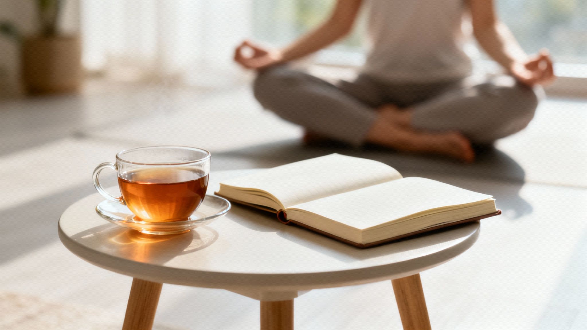 A person taking a moment for a calming breath during their workday, with a cup of tea on their desk, showing how pranayama can be integrated into daily life.
