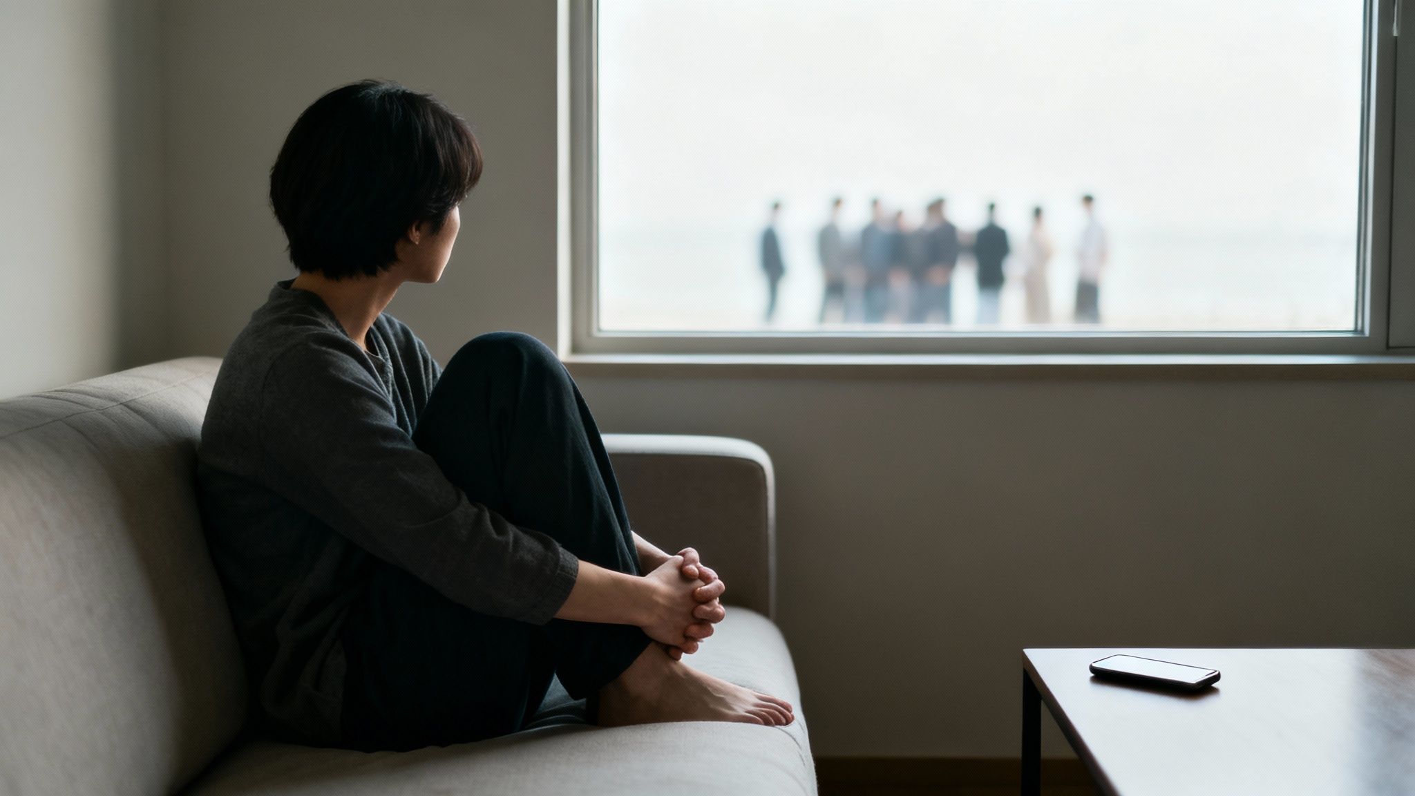 A person sits alone on a couch, looking out a window at a blurry group of distant people.