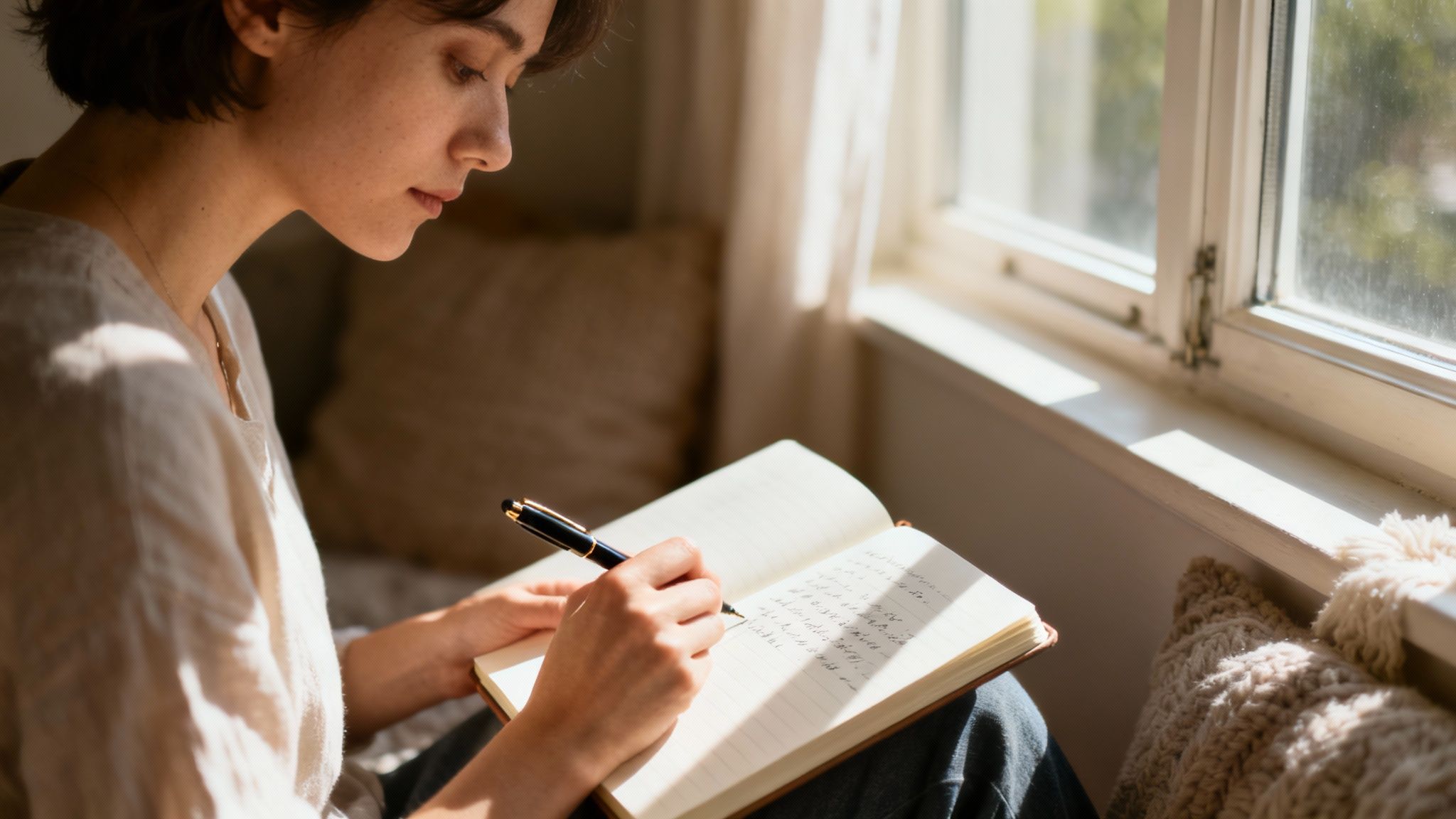 A person sitting calmly, looking inward, representing self-awareness and reflection.