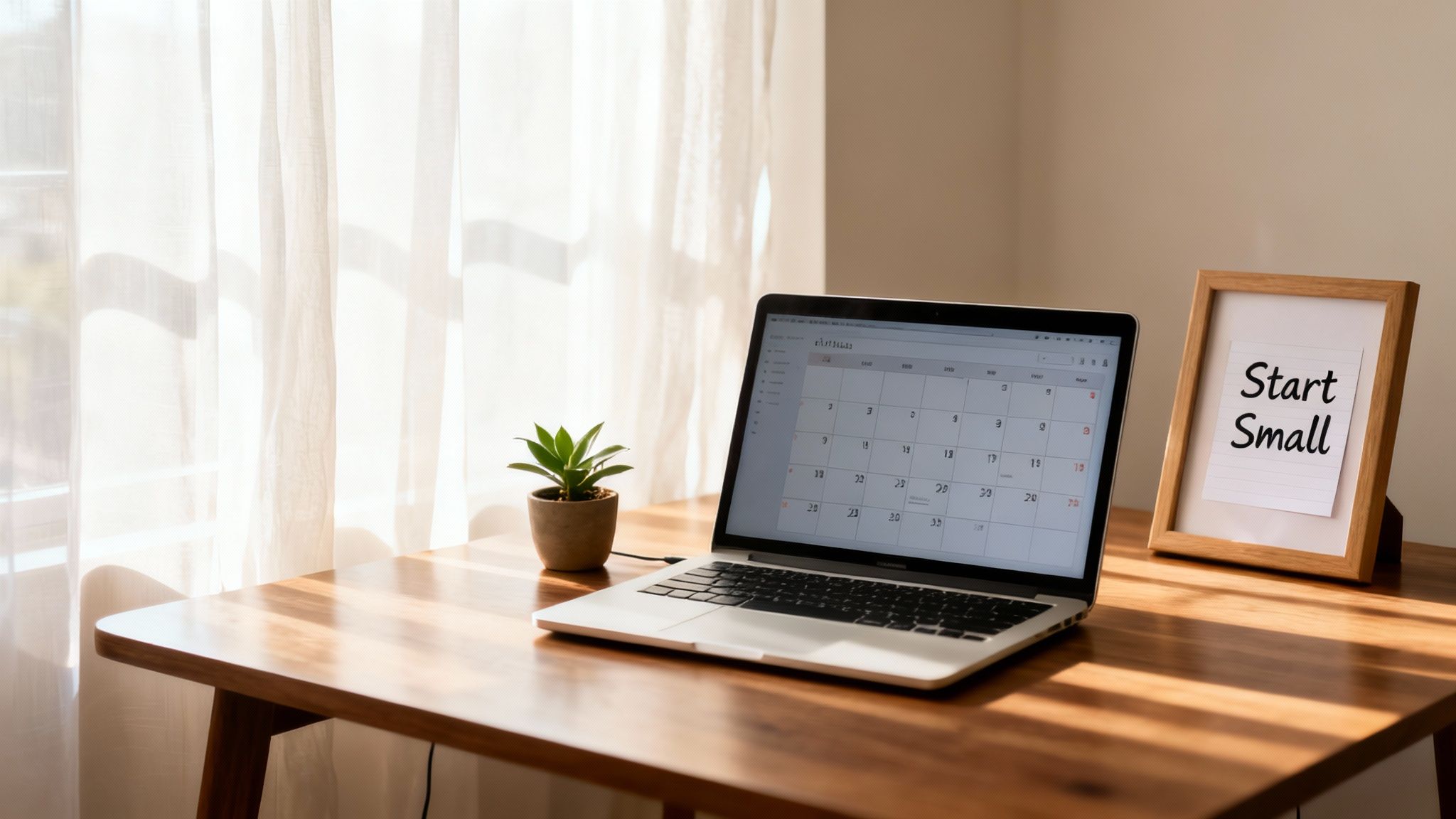 A bright workspace with a laptop displaying a calendar, a potted plant, and a 'Start Small' framed note.