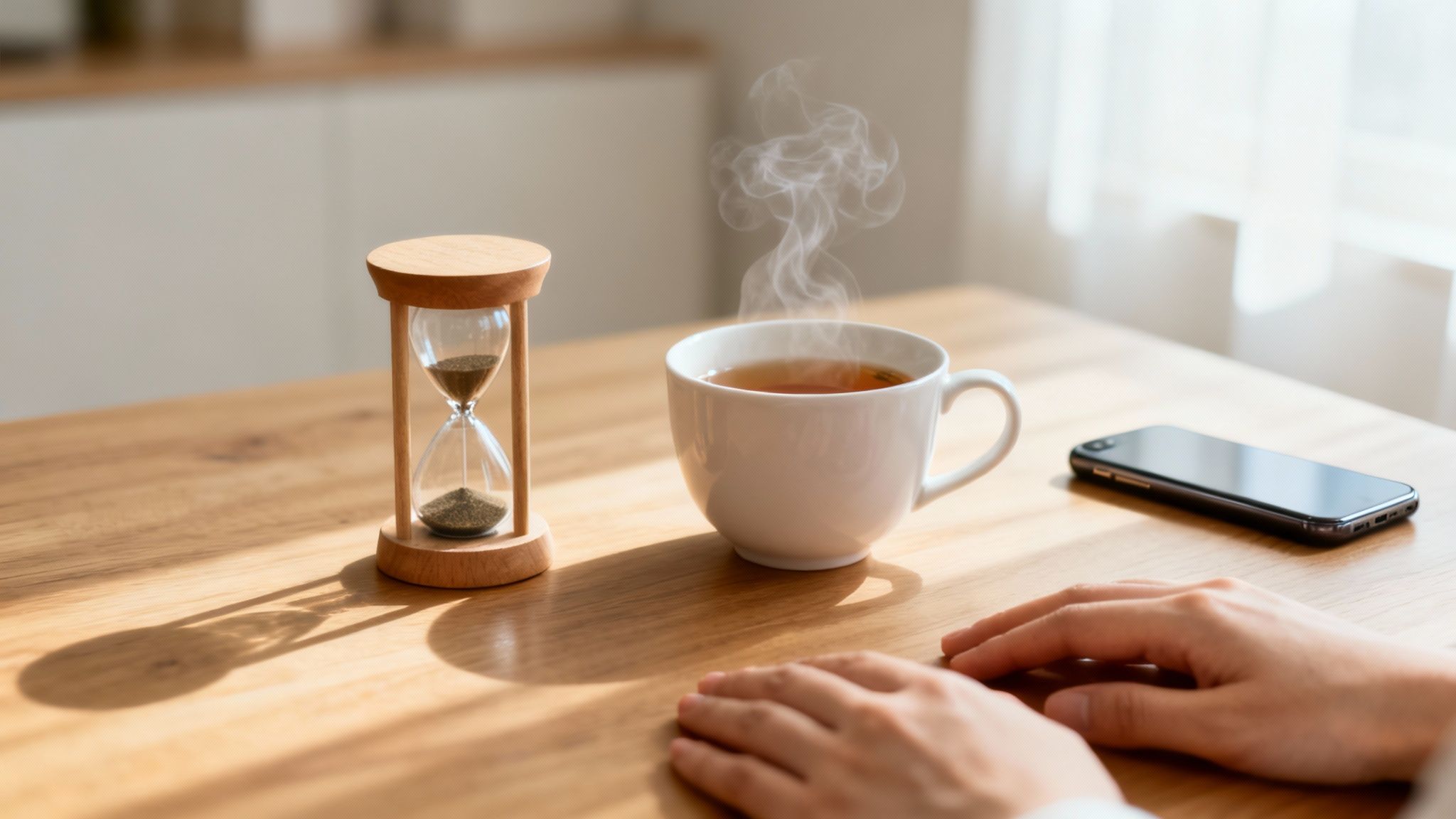 A moment of calm with an hourglass, steaming tea, and a smartphone on a sunlit wooden table.