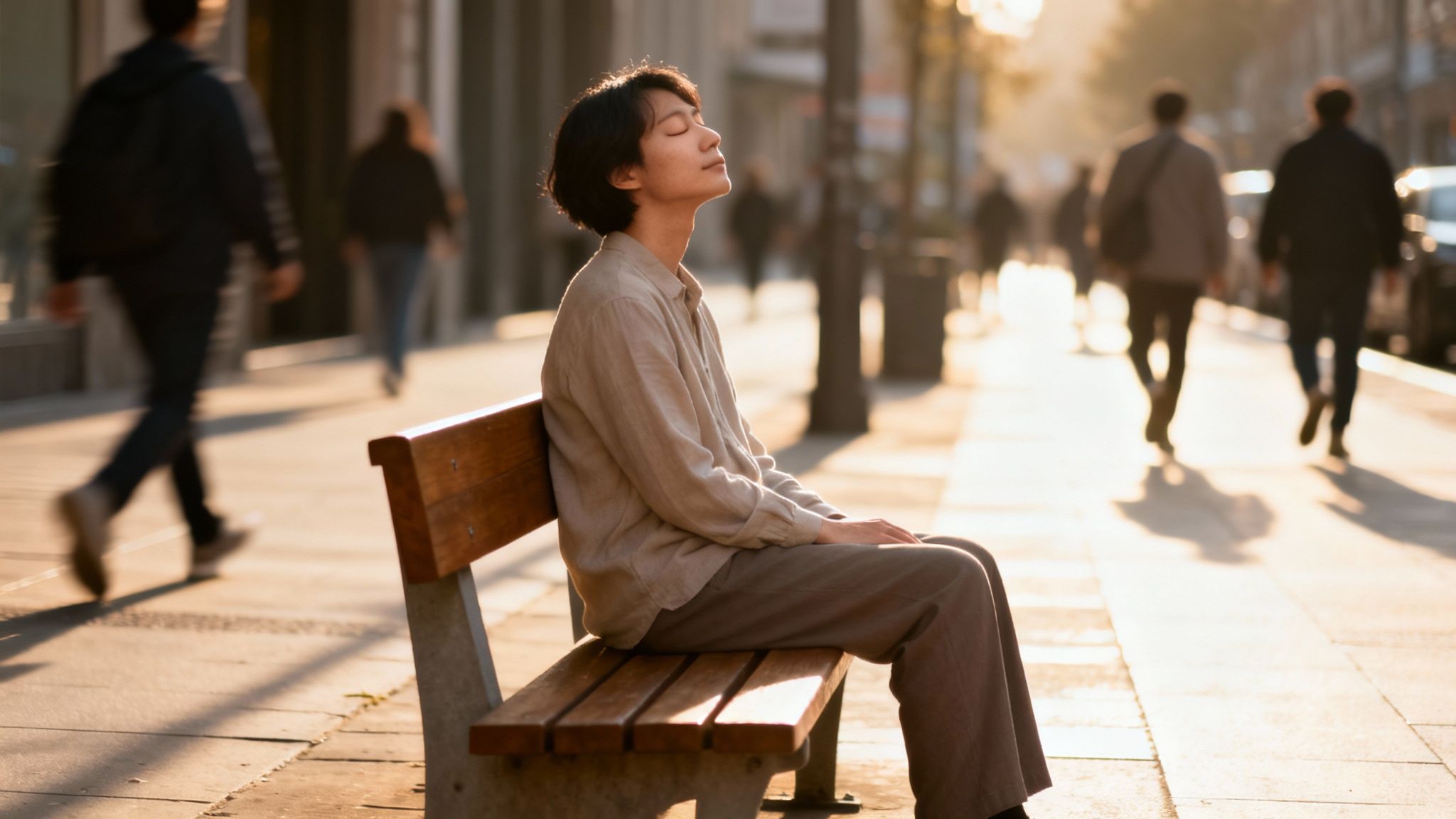A person sits on a bench, eyes closed, basking in golden sunlight amidst city blur.
