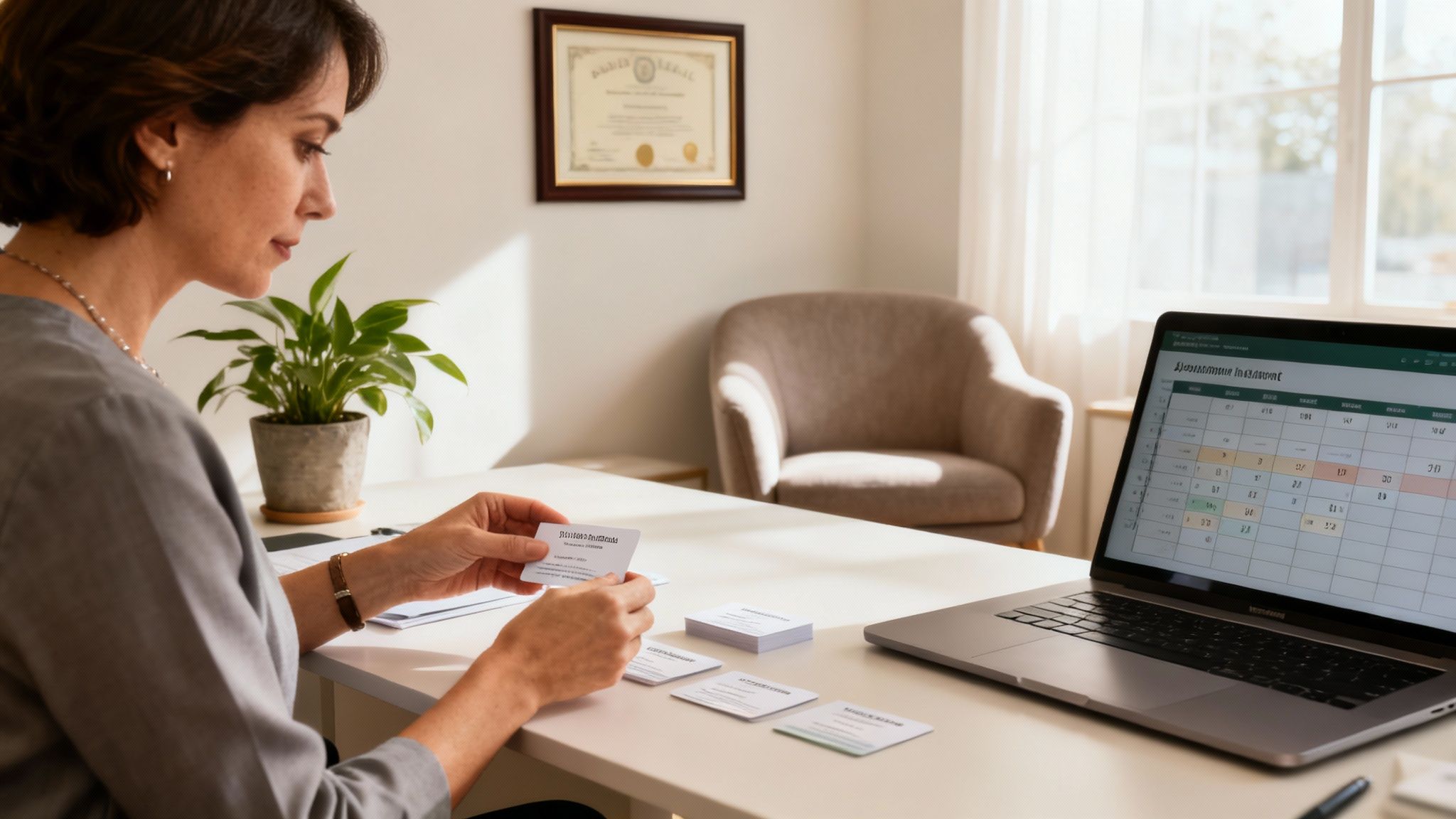 A woman at a desk is sorting through business cards next to a laptop and a plant.