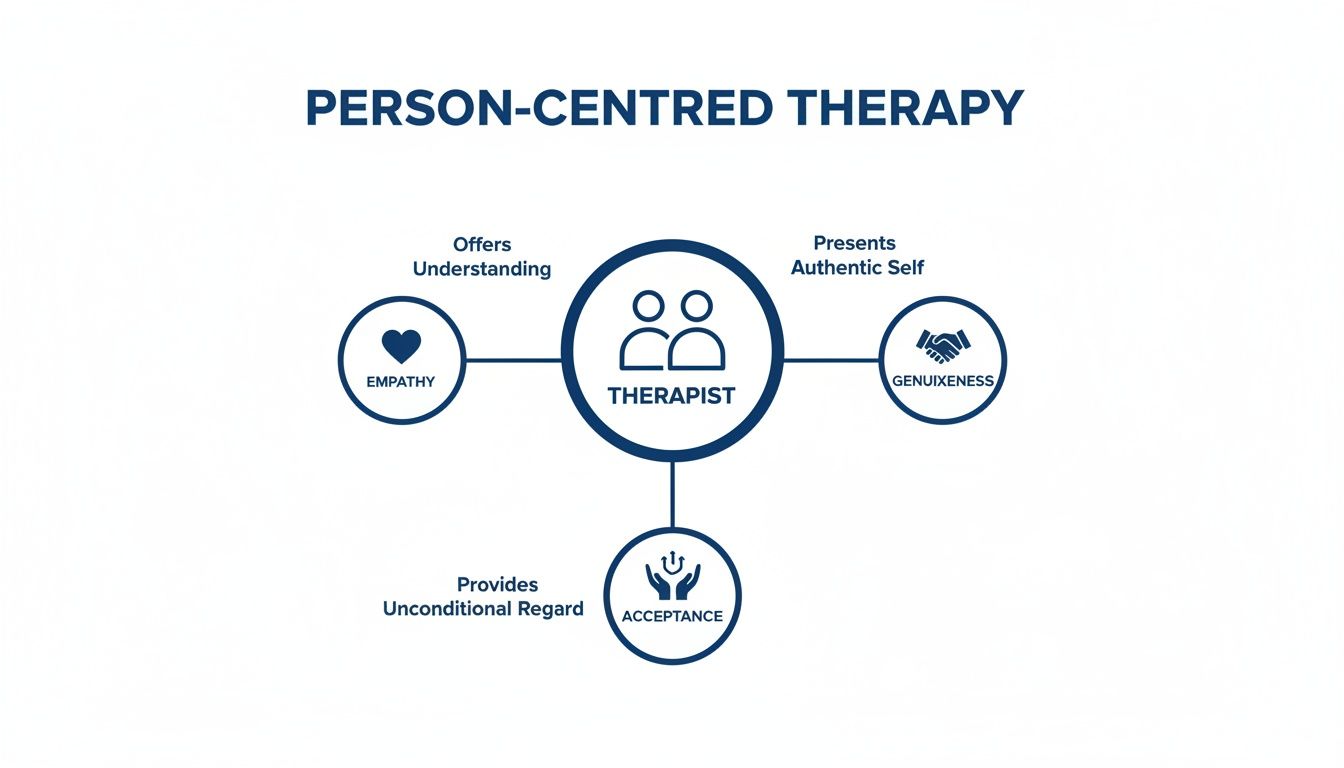 Diagram illustrating person-centred therapy, highlighting therapist conditions: empathy, genuineness, and acceptance.