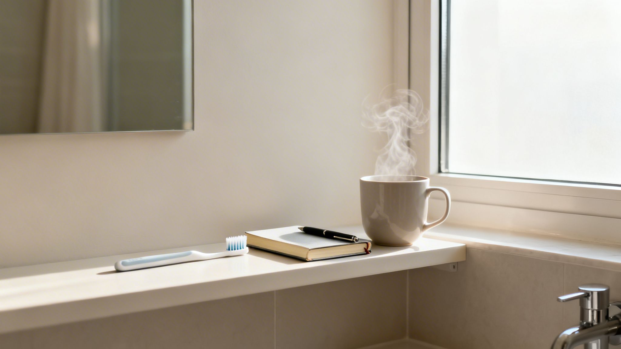 A serene bathroom shelf with a toothbrush, notebook, pen, and steaming mug by a bright window.