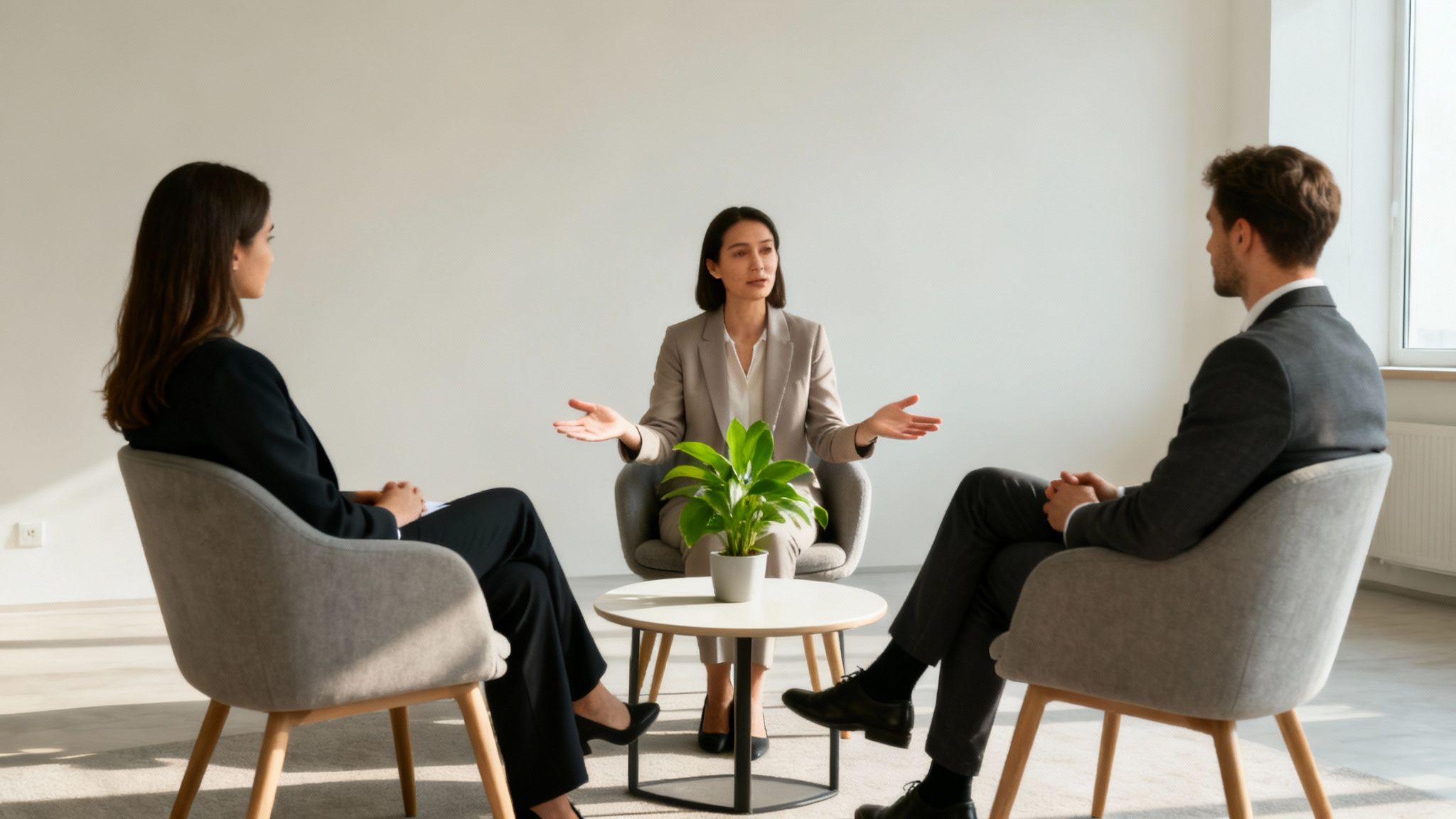 Three professionals in a modern office, one speaking while two others listen intently.