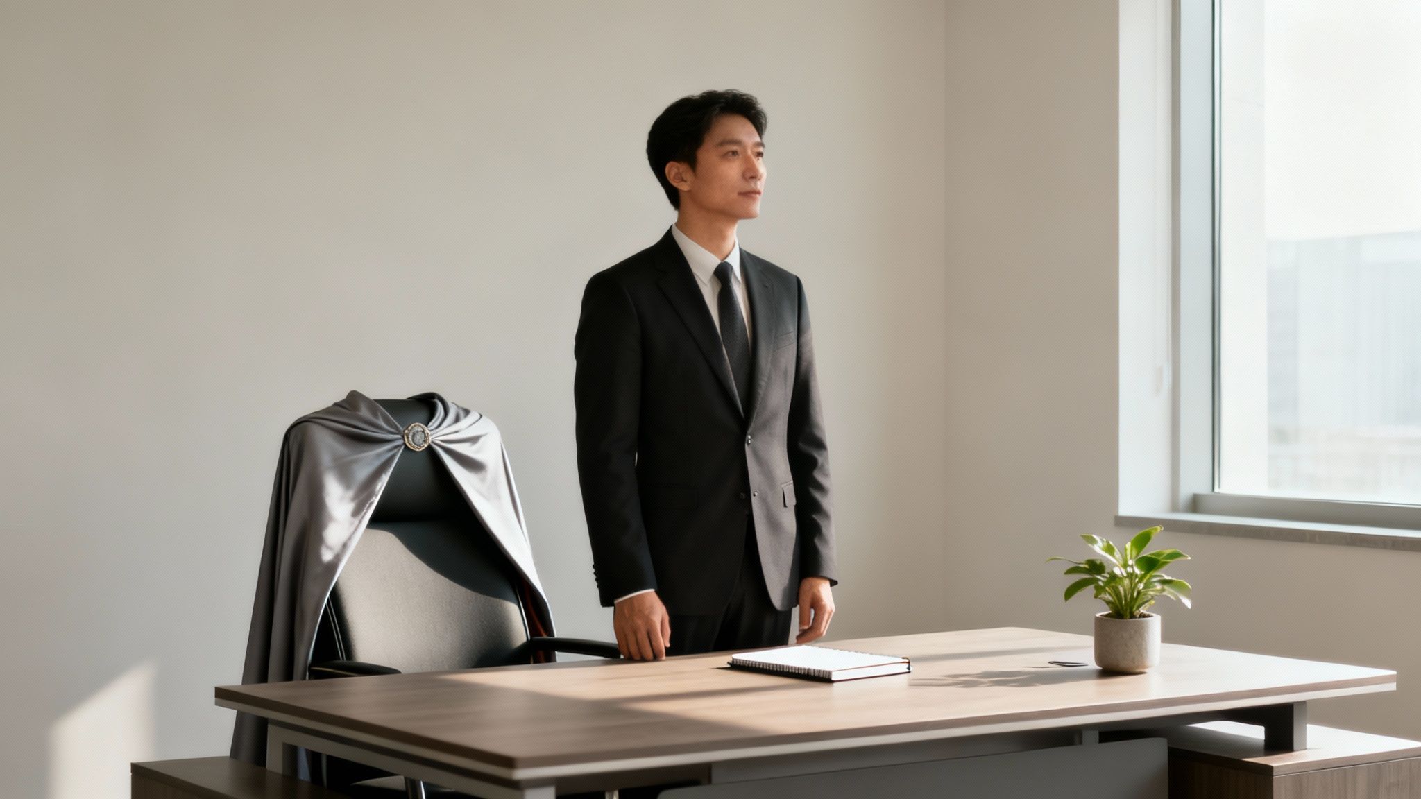 A person sitting calmly at their desk in a busy office, representing a calm and resilient state amidst chaos.