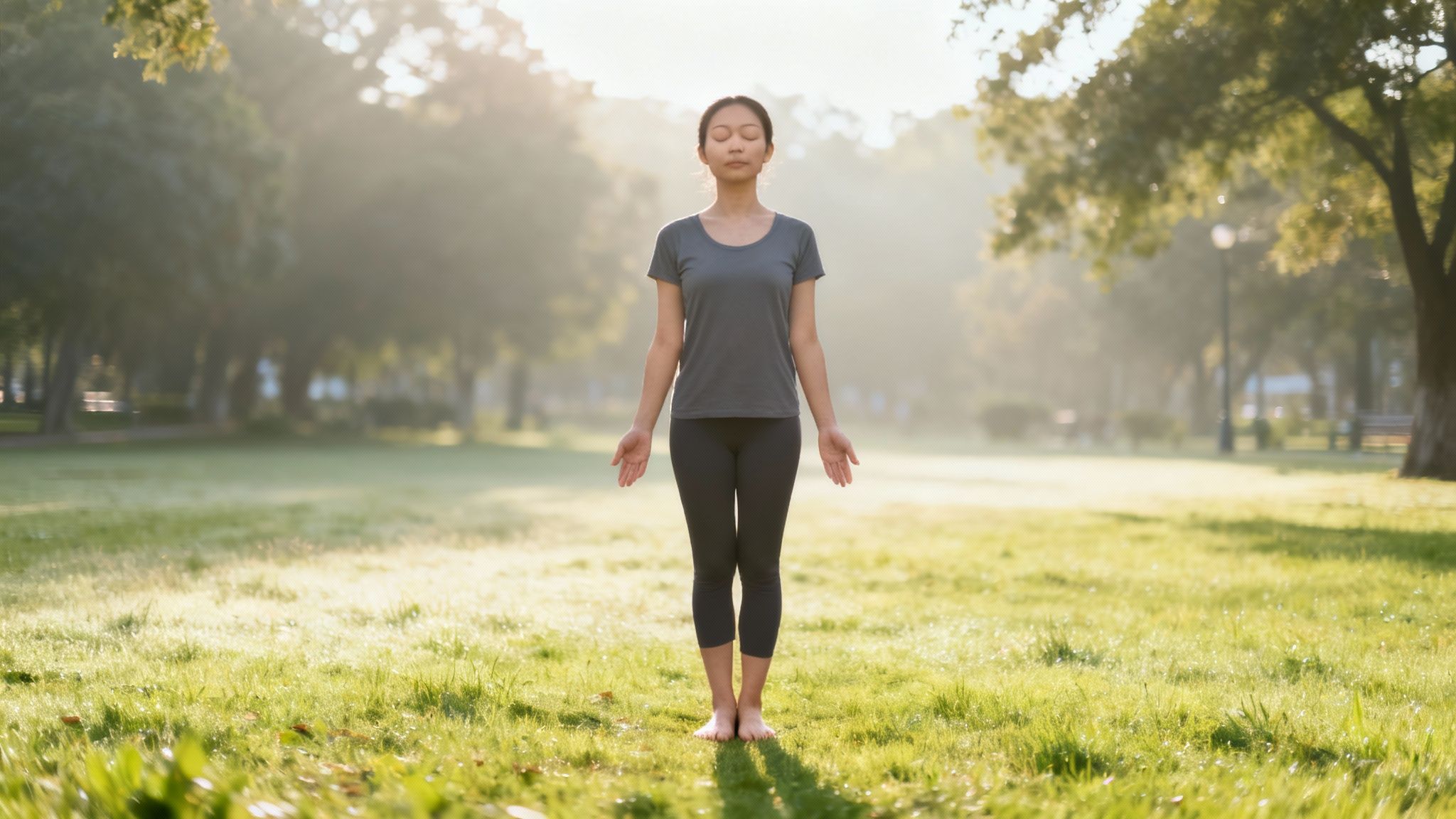 A person sitting in a calm, mindful pose with a serene natural background, representing grounding and presence.