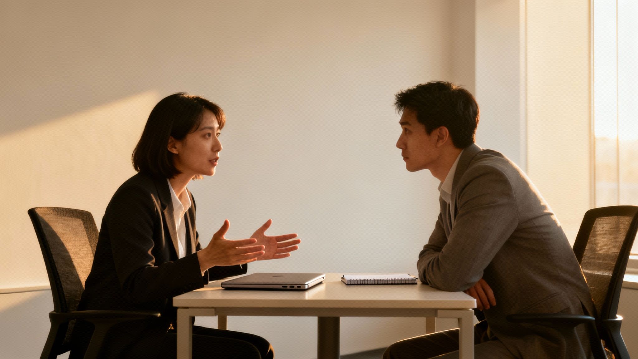 Two professionals, a woman and a man, discuss business at a table in warm sunlight.