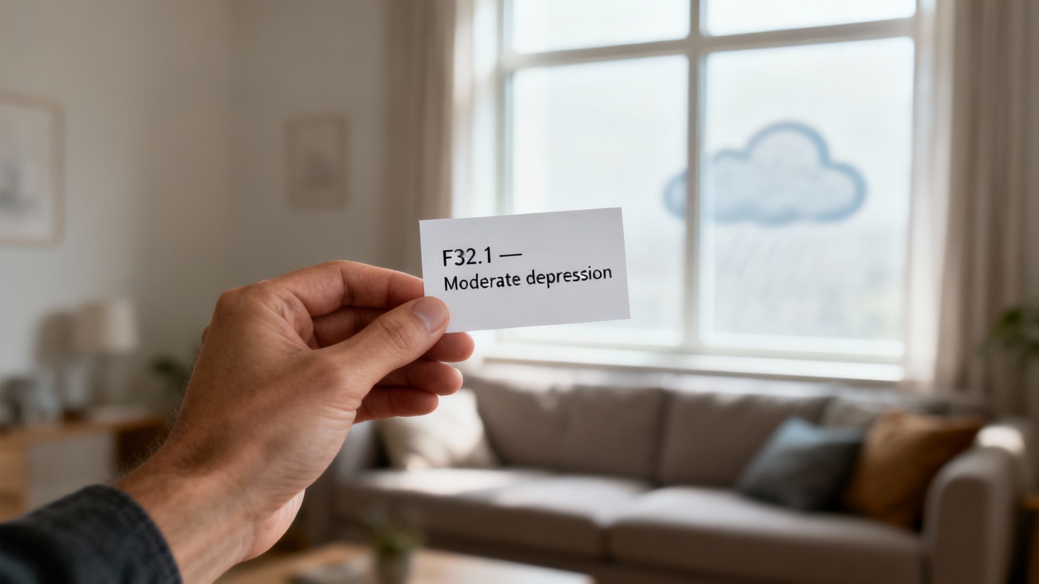 Hand holding a card displaying 'F32.1 – Moderate depression' against a blurry background with a window showing a rain cloud.