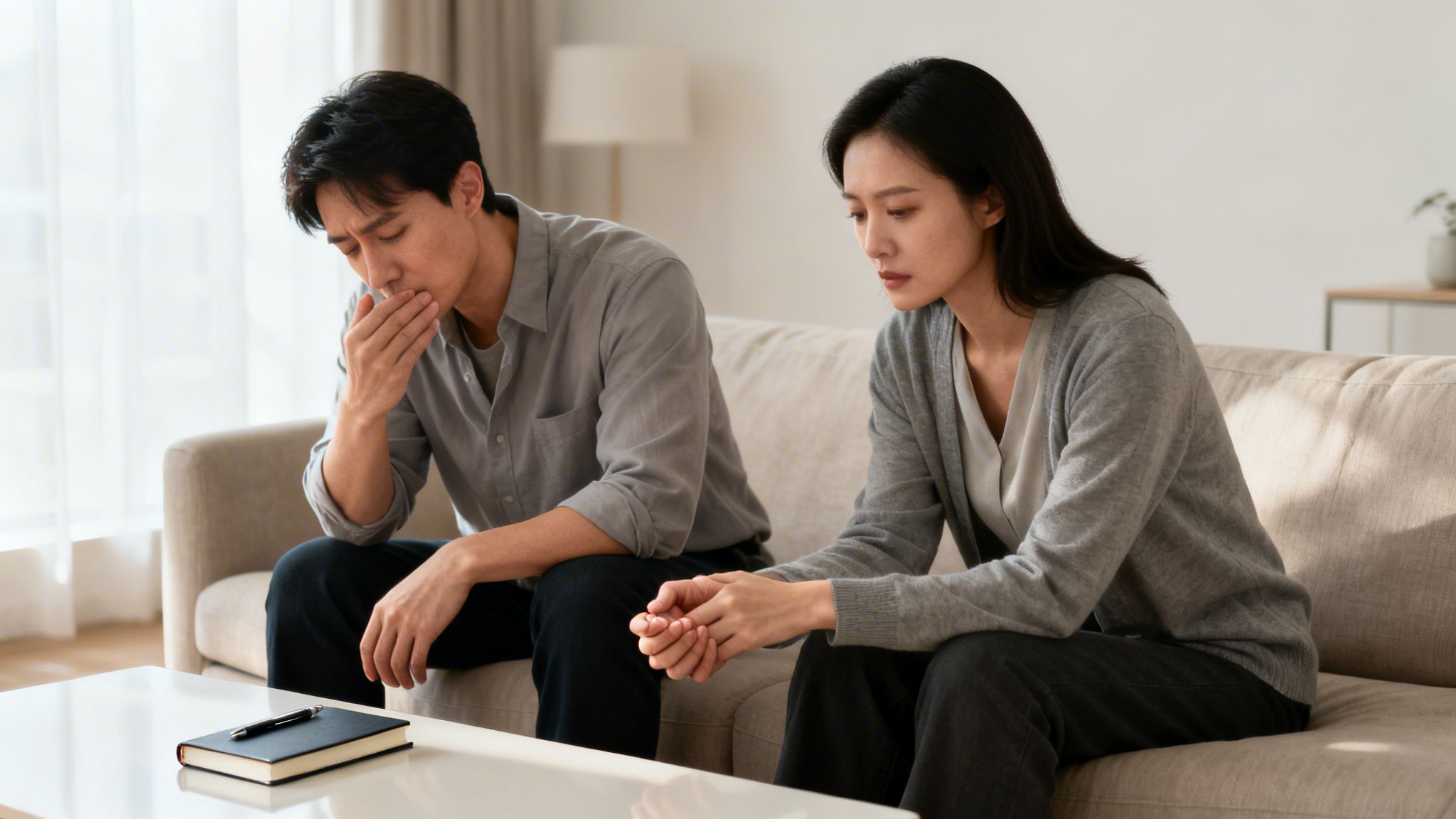 A sad Asian couple sits on a couch, appearing distant and distressed after an argument.