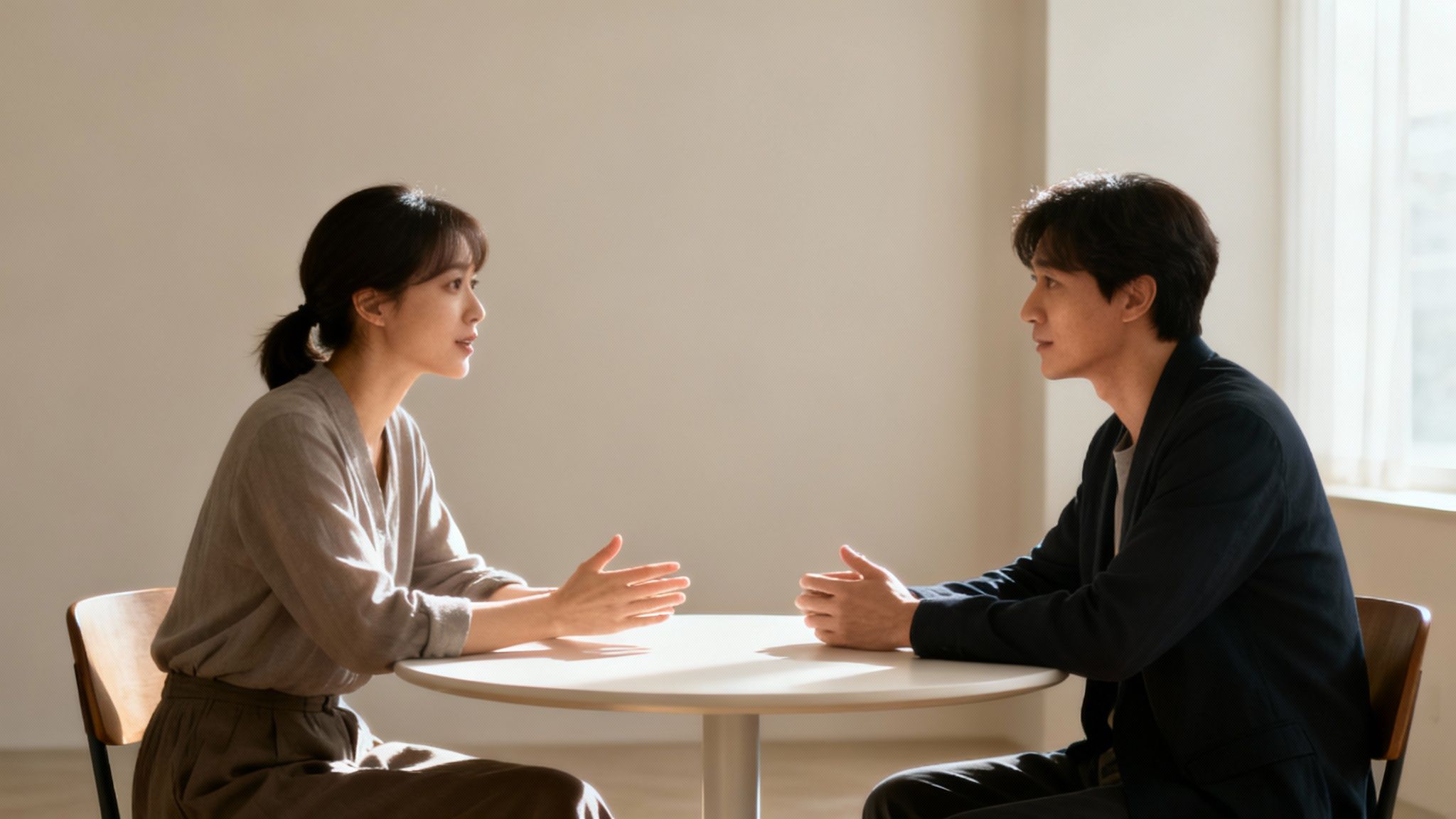 Two people having a calm, constructive conversation in a bright, open space.