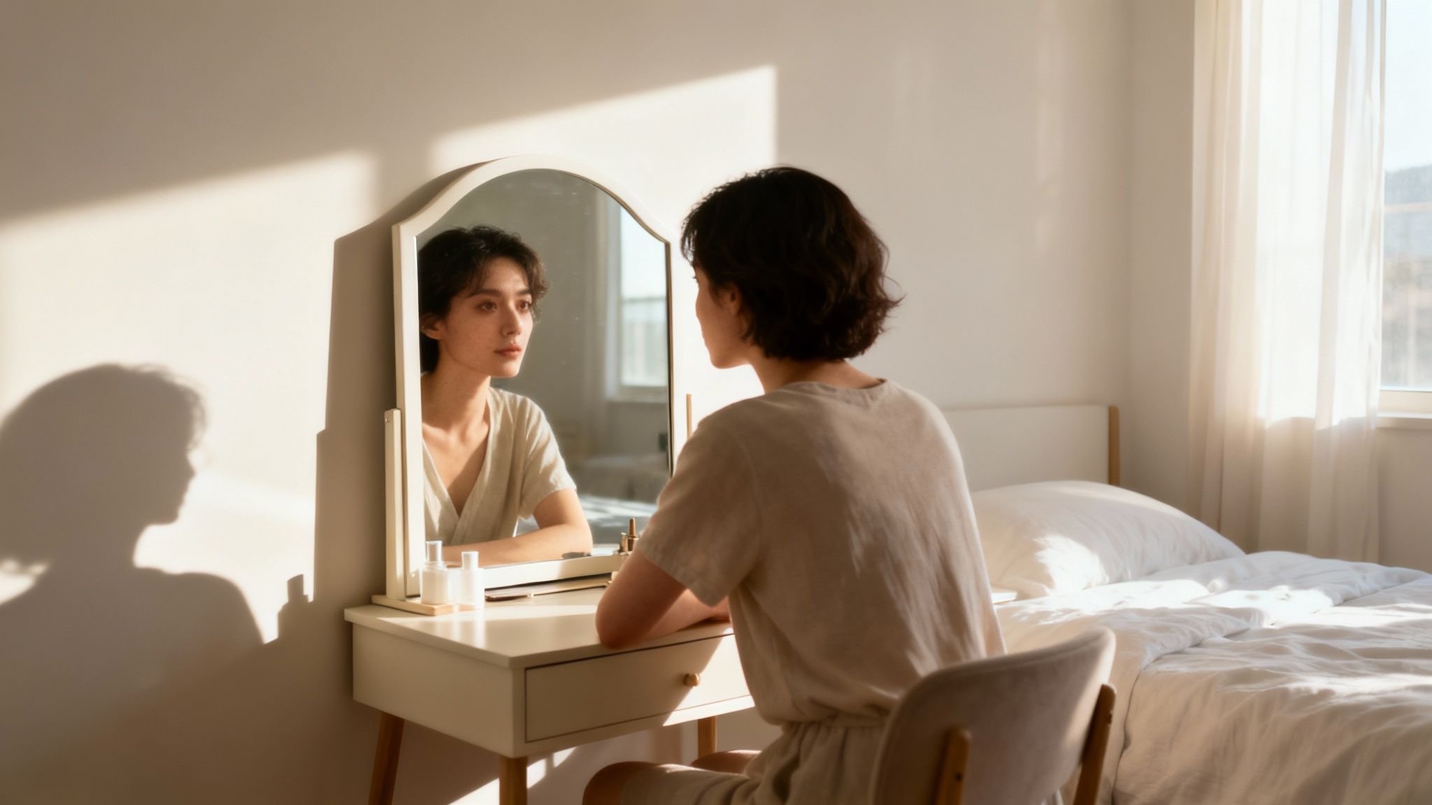 A person sits at a dressing table, gazing at their reflection in a sunlit room.