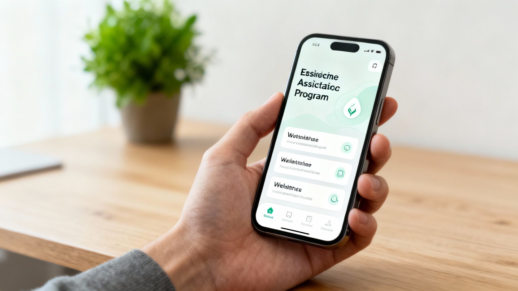 A person using a smartphone to access a wellness app, with icons for therapy and support visible.