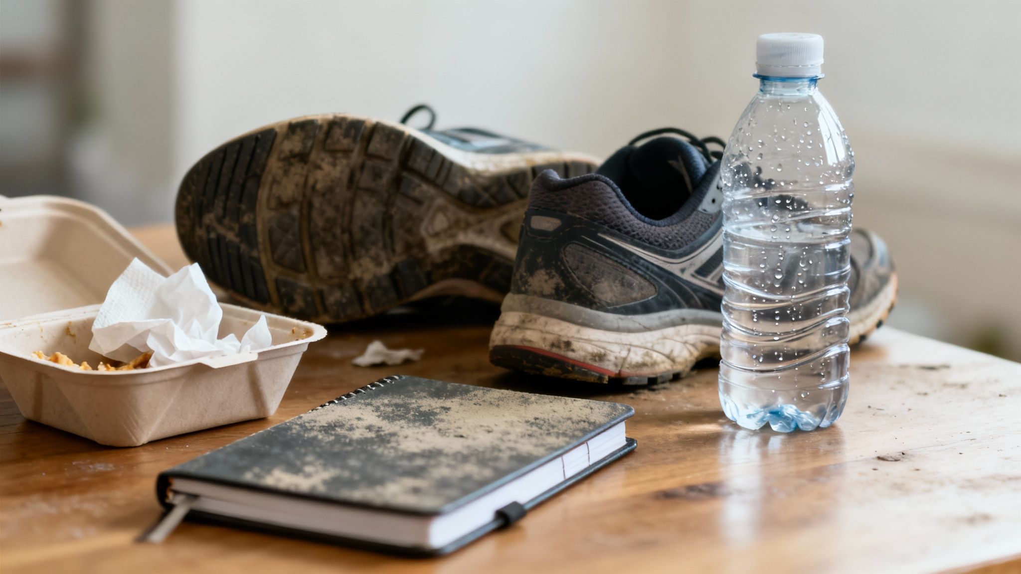 Worn dirty running shoes with water bottle and notebook on wooden table after workout