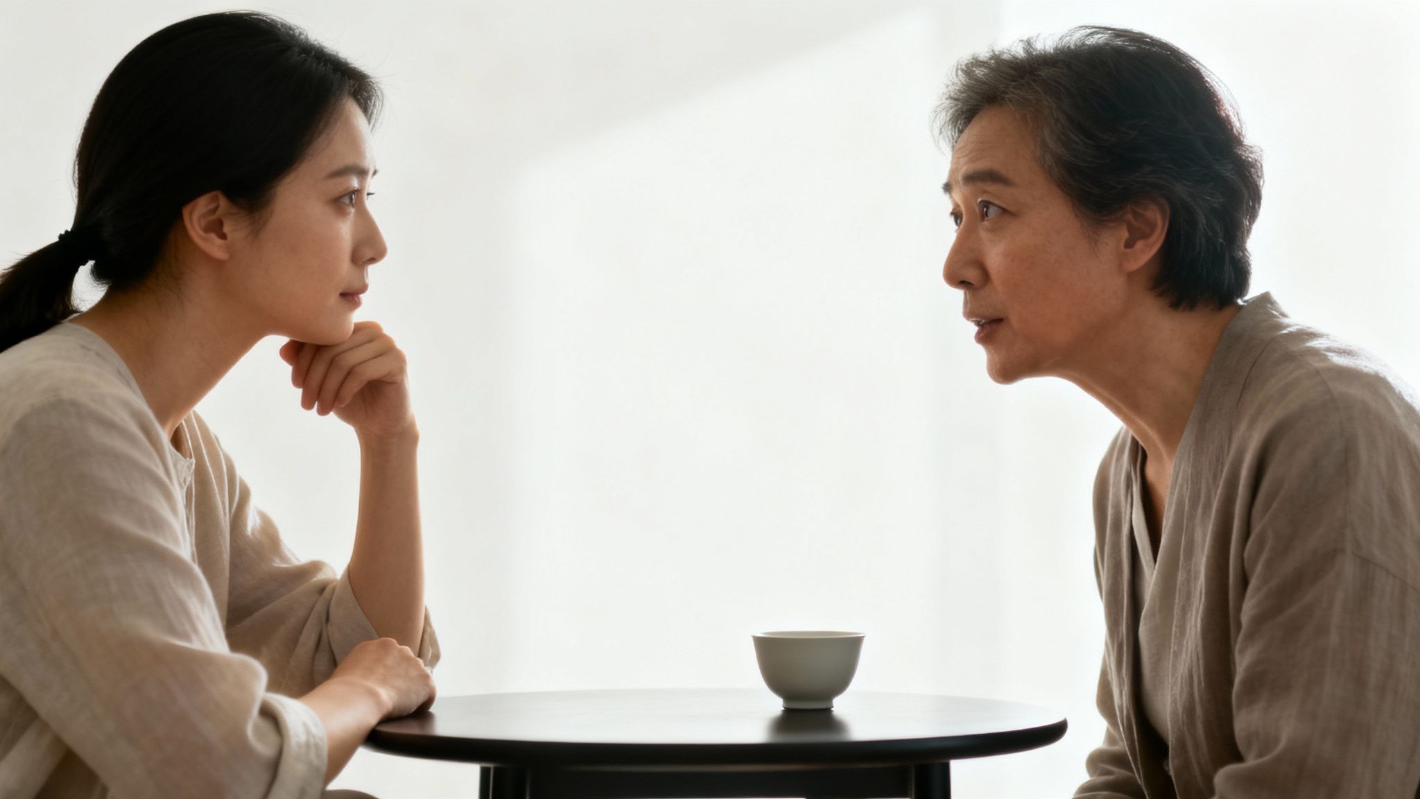 Two Asian women, one young and one older, in deep conversation at a table.