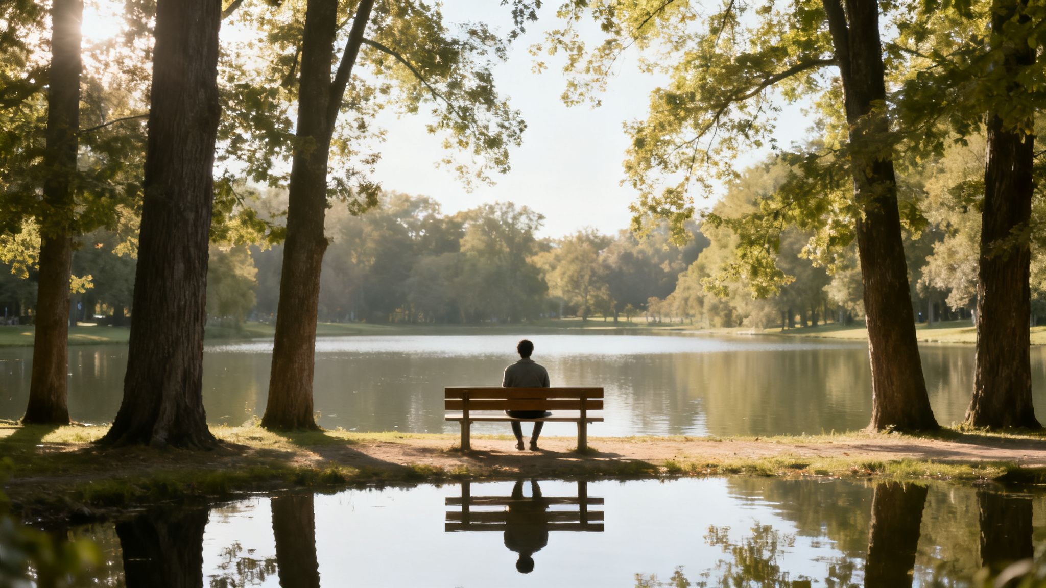 A person sits peacefully on a bench by a tranquil lake, surrounded by trees under soft sunlight.