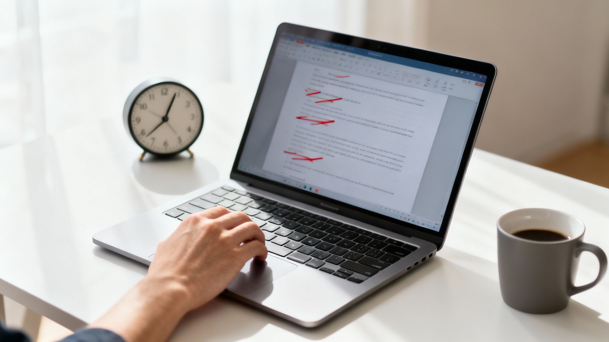 Person working on laptop with document showing red markings and coffee on desk