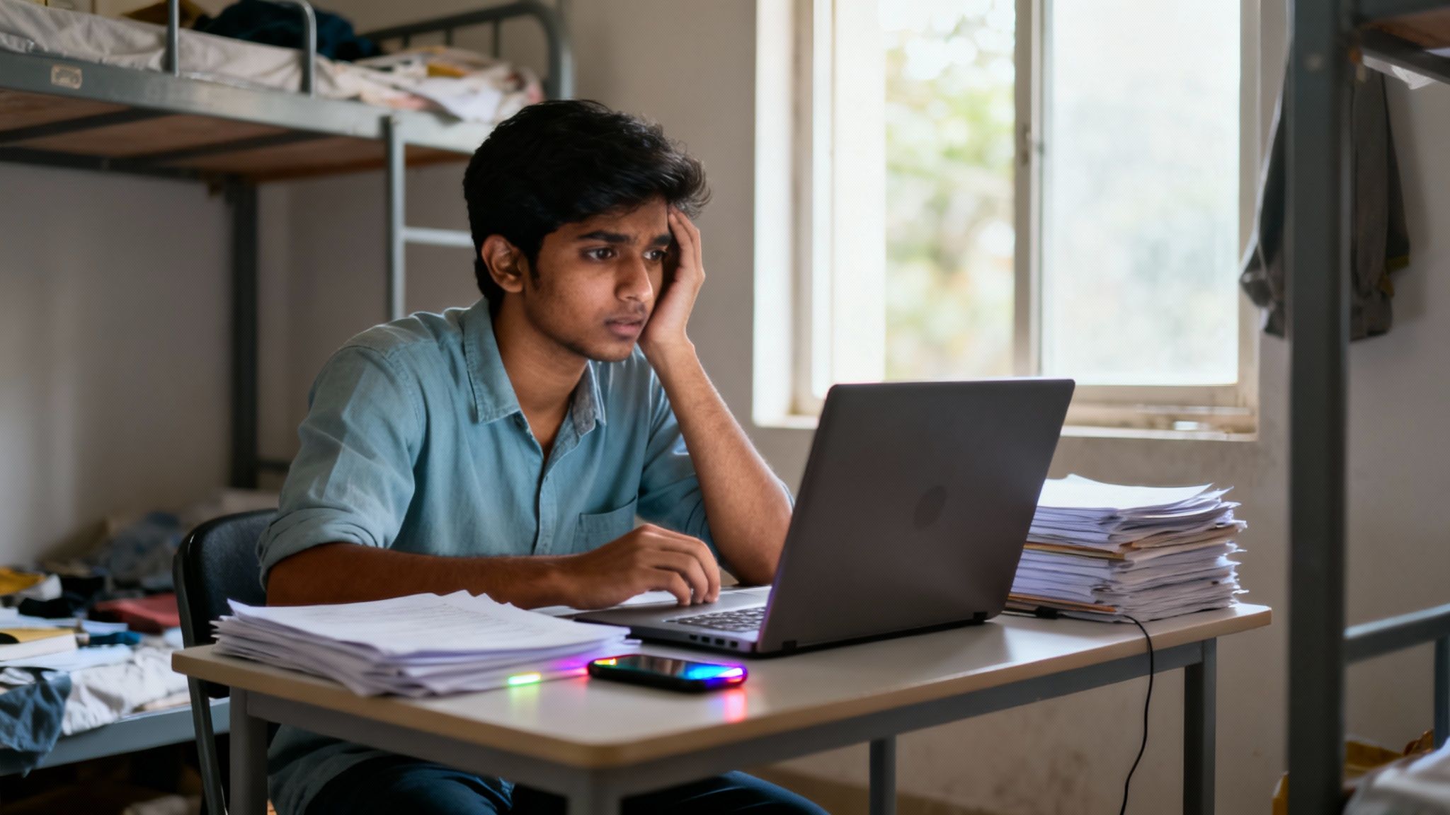 Stressed male student studying at a desk with a laptop and papers in a dorm room.