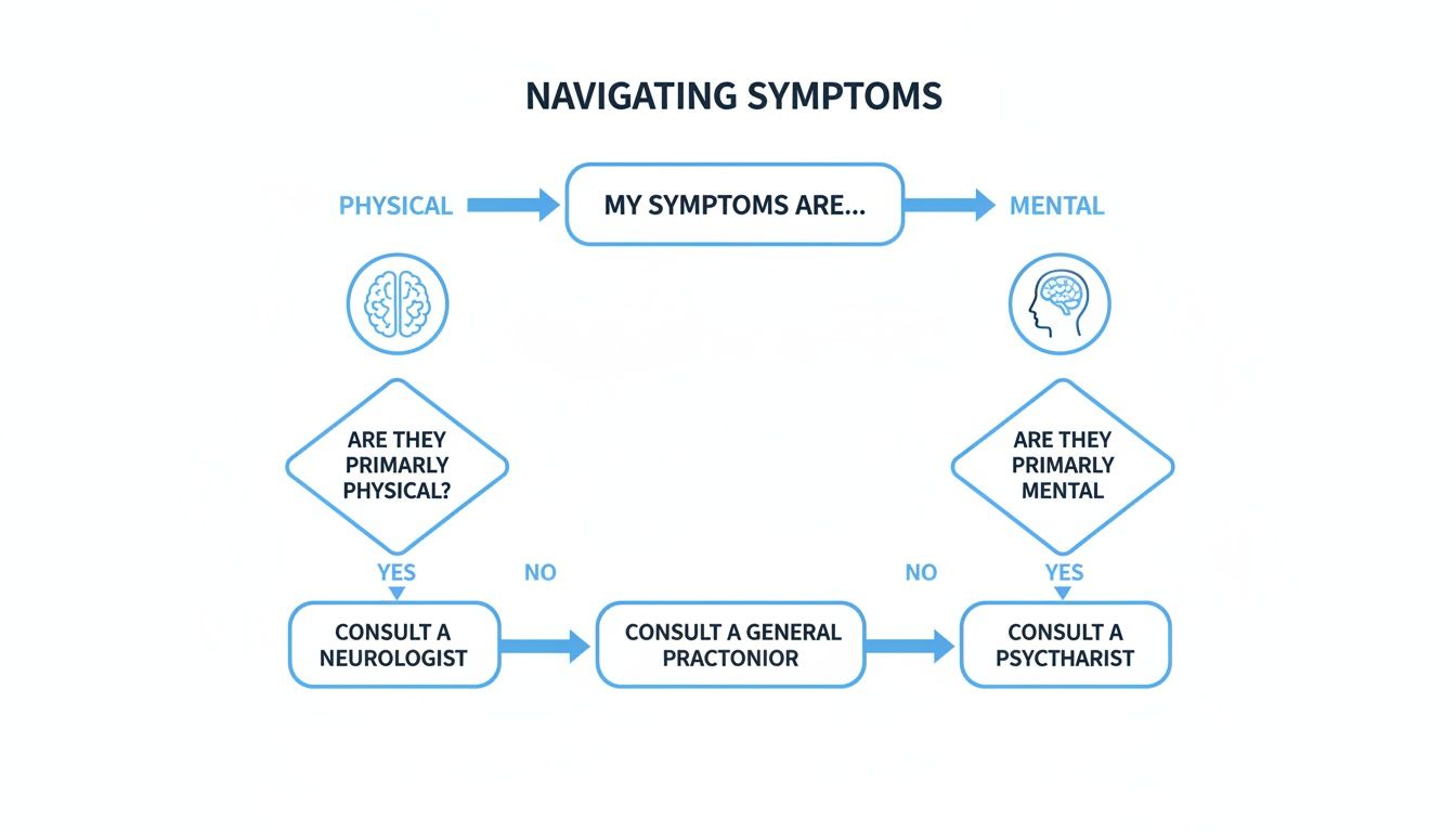 Flowchart illustrating symptom navigation, differentiating between physical and mental health issues, and guiding specialist consultation.