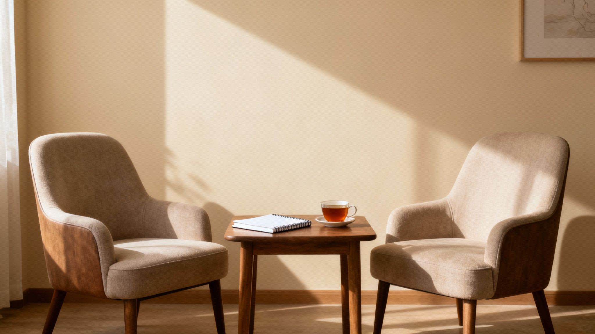 A therapist and client sitting in a calm, sunlit room, engaged in a supportive conversation.