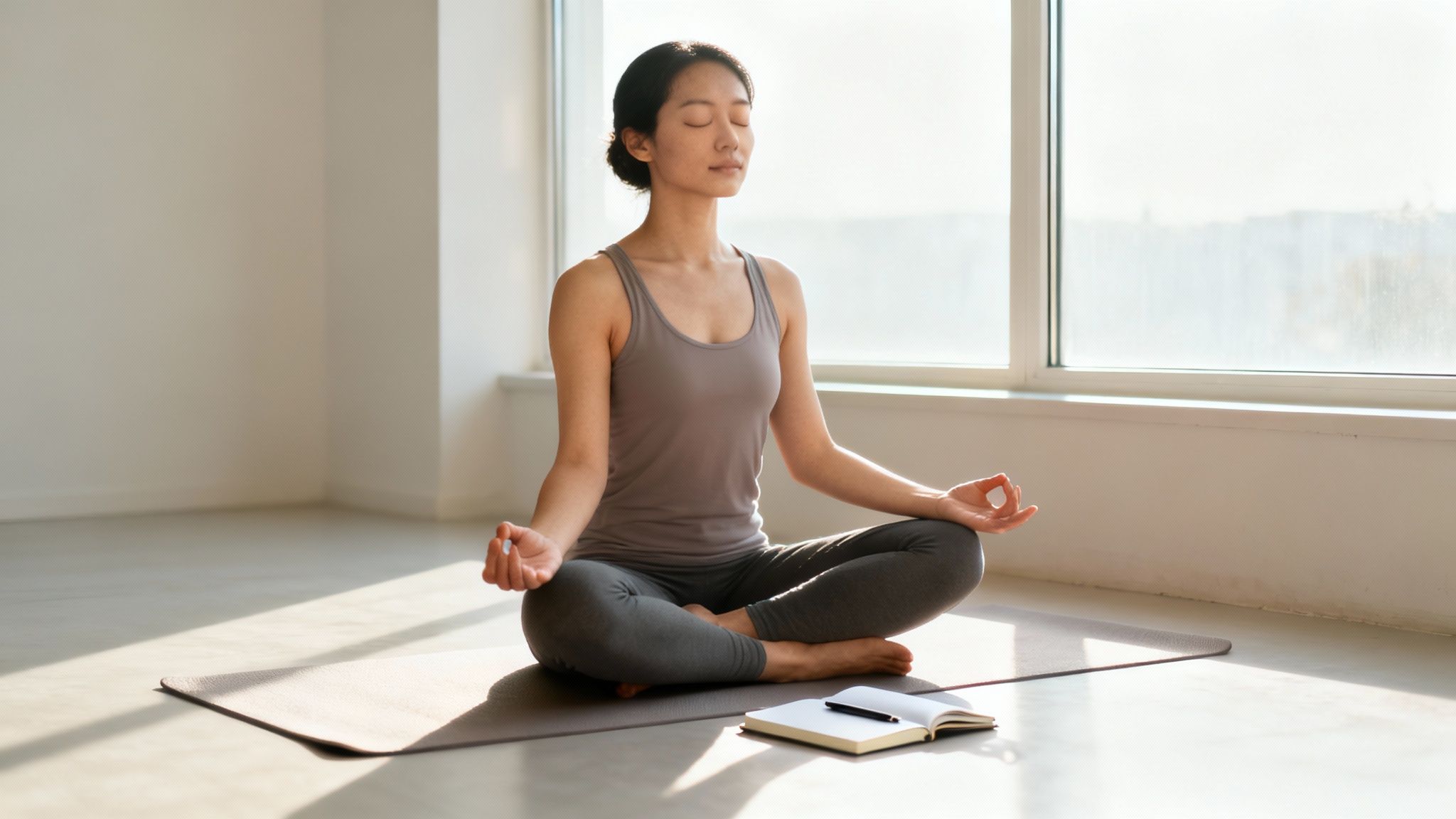 Peaceful Asian woman meditating in lotus pose on a yoga mat in a bright room.