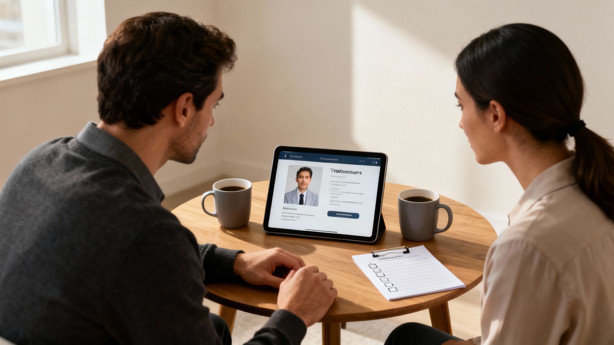 A couple sits at a table, looking at a tablet displaying a professional profile, with coffee mugs nearby.