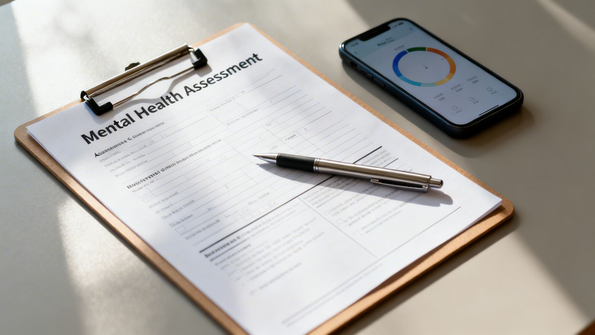 A mental health assessment form on a clipboard with a pen, beside a smartphone showing a data chart.