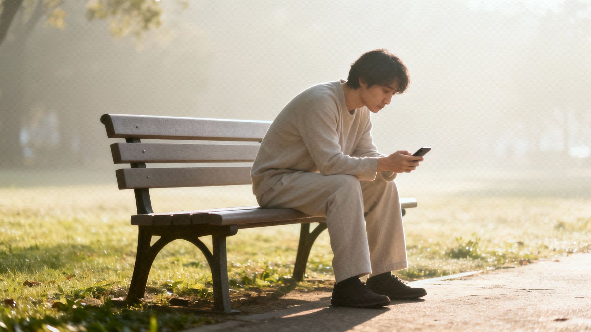 A young man sits on a park bench, engrossed in his phone, amidst a misty morning.