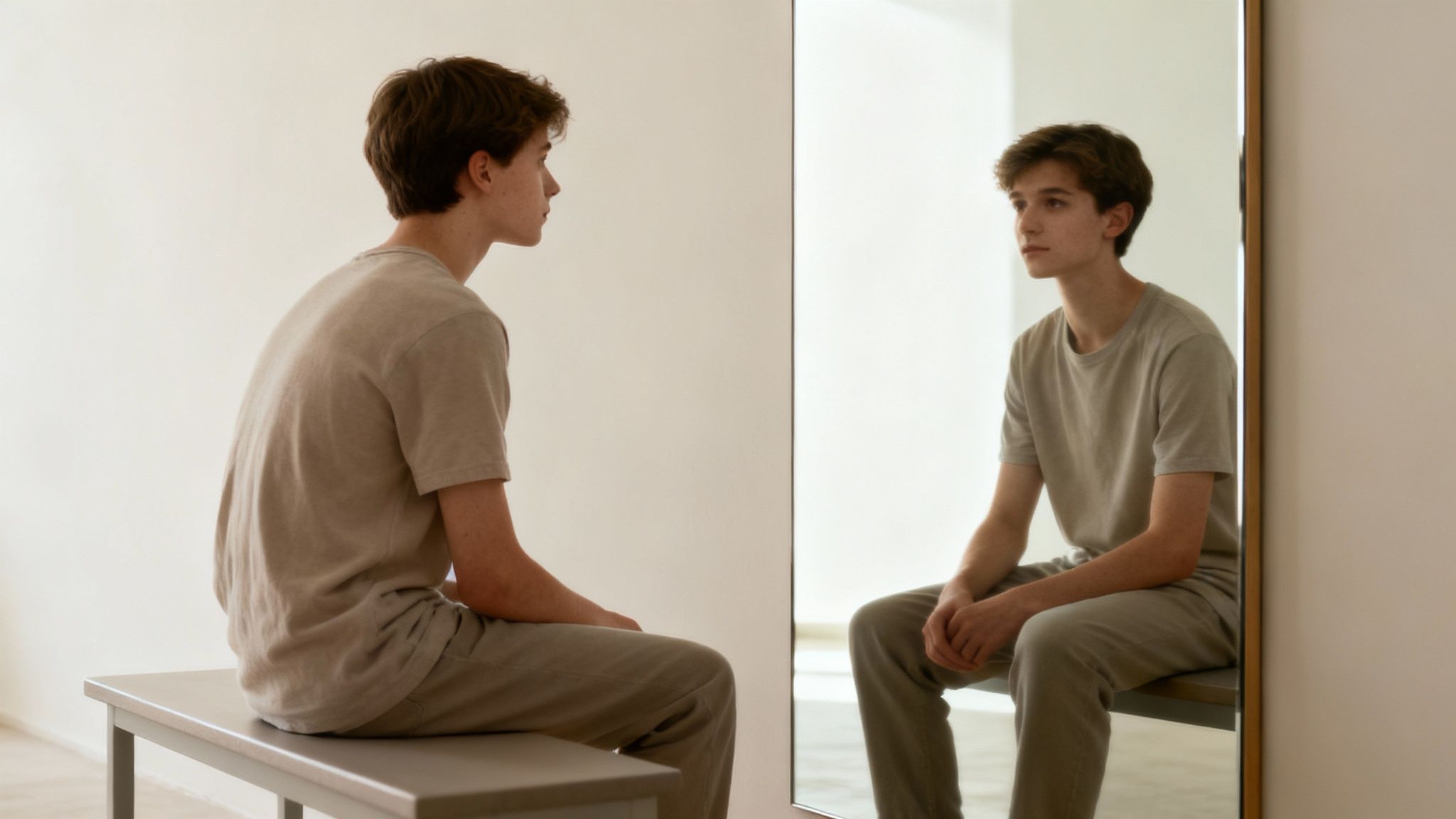 A person sitting calmly and meditating while thoughts swirl around them