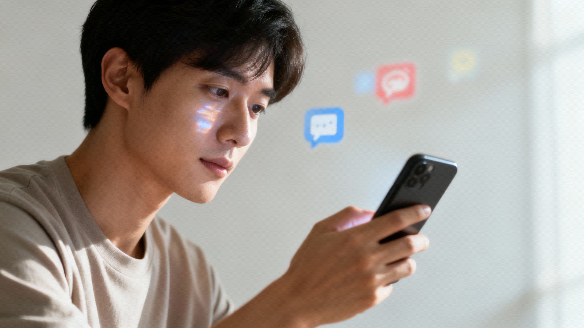 Young Asian man checks his smartphone, illuminated by virtual social media icons.