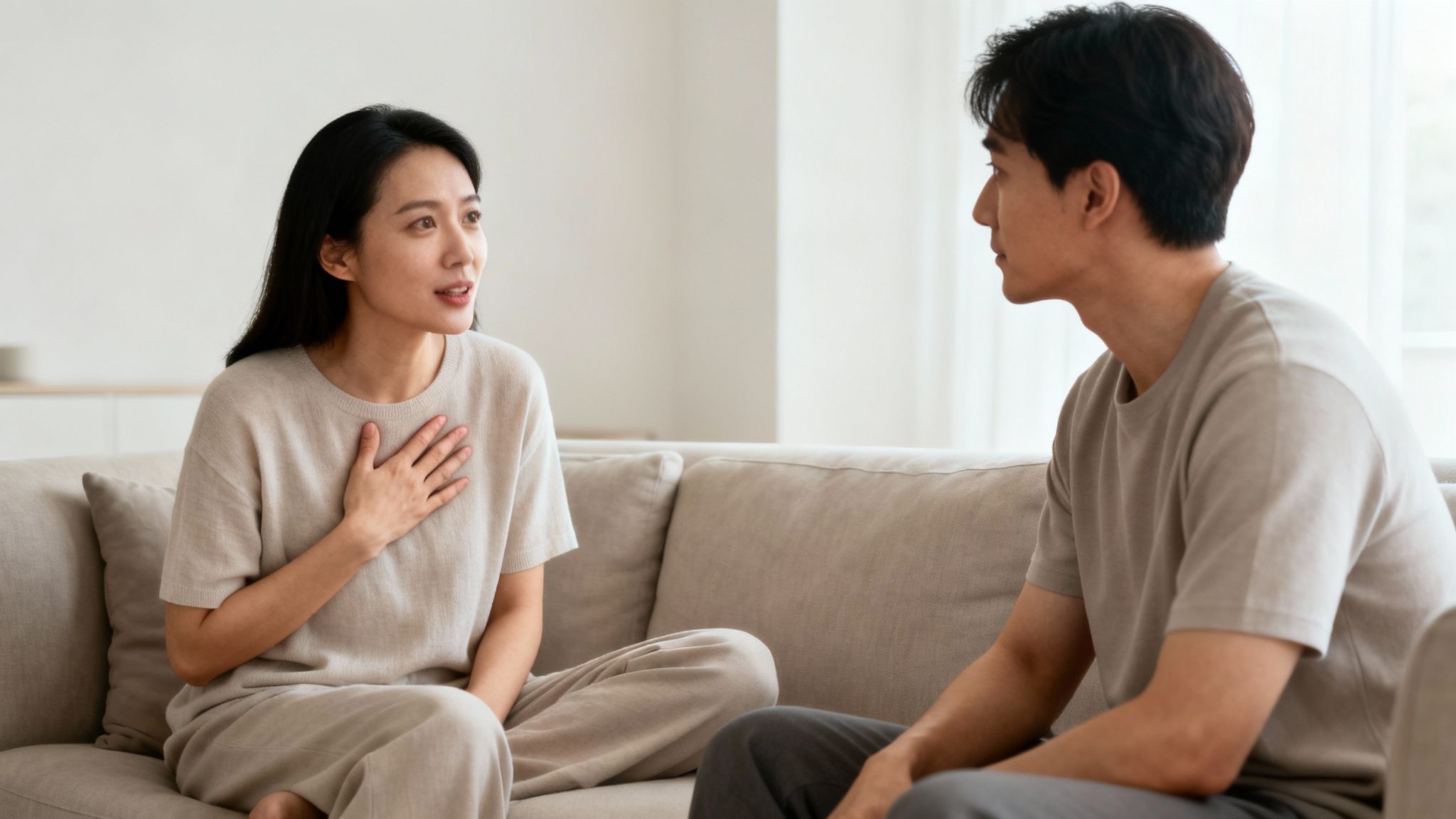 Asian couple on a beige couch, having a serious conversation, woman with hand on chest.