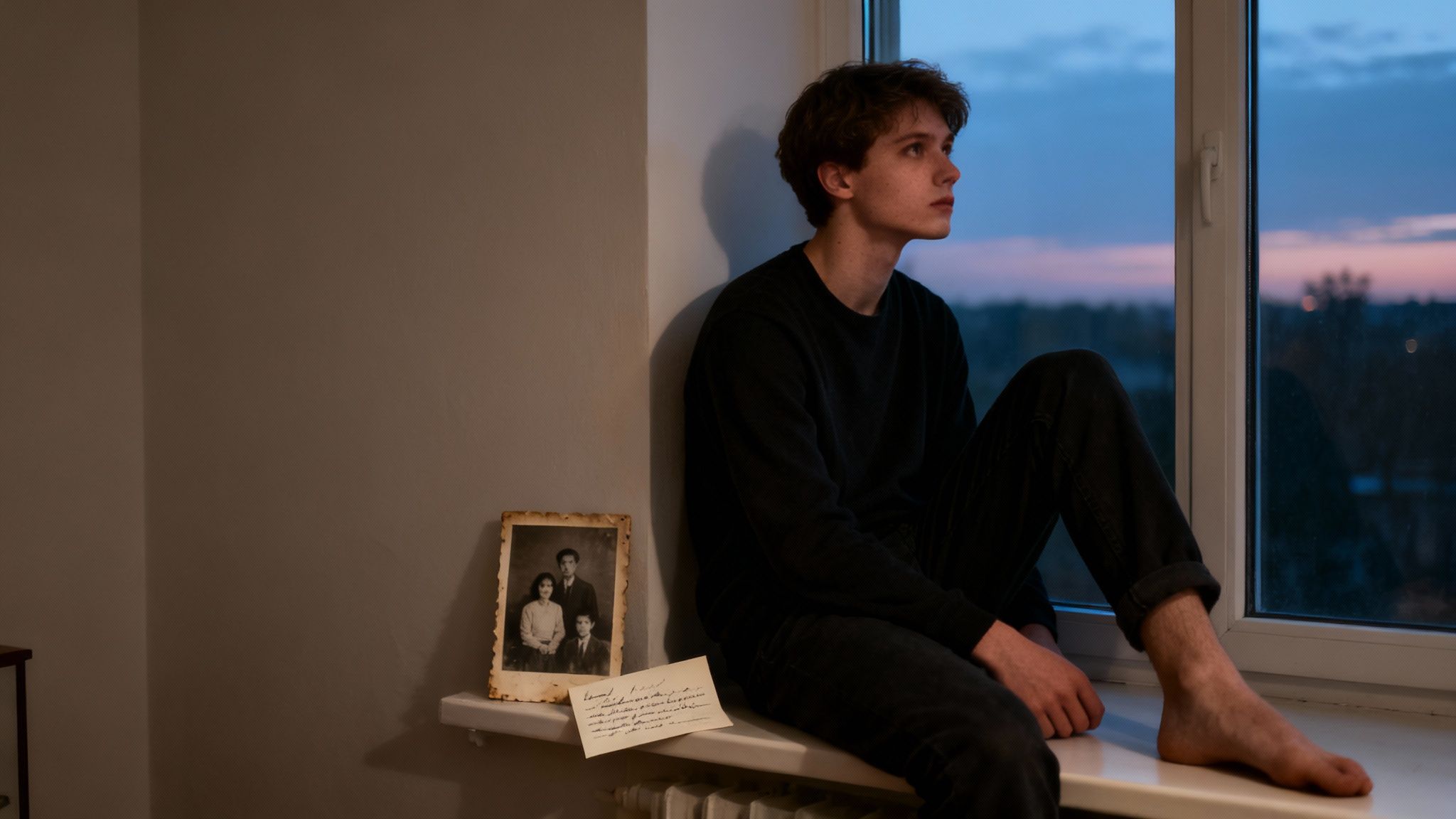 A thoughtful young man sits on a window sill at twilight, gazing outside, next to a vintage photo and letter.