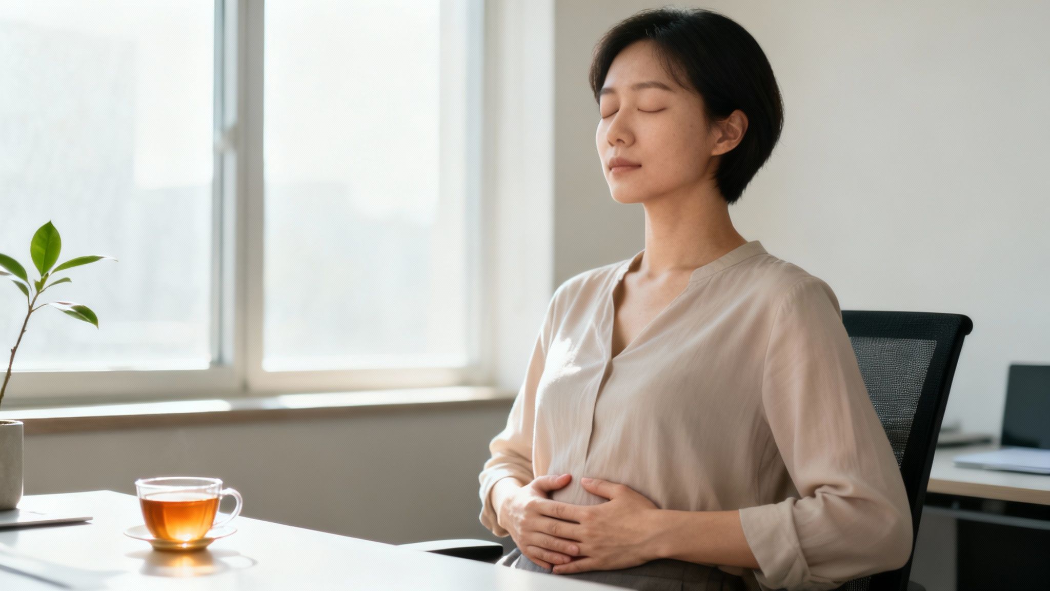 A person practicing a calming breathing exercise by a window, with soft light filtering in, creating a serene and focused atmosphere.