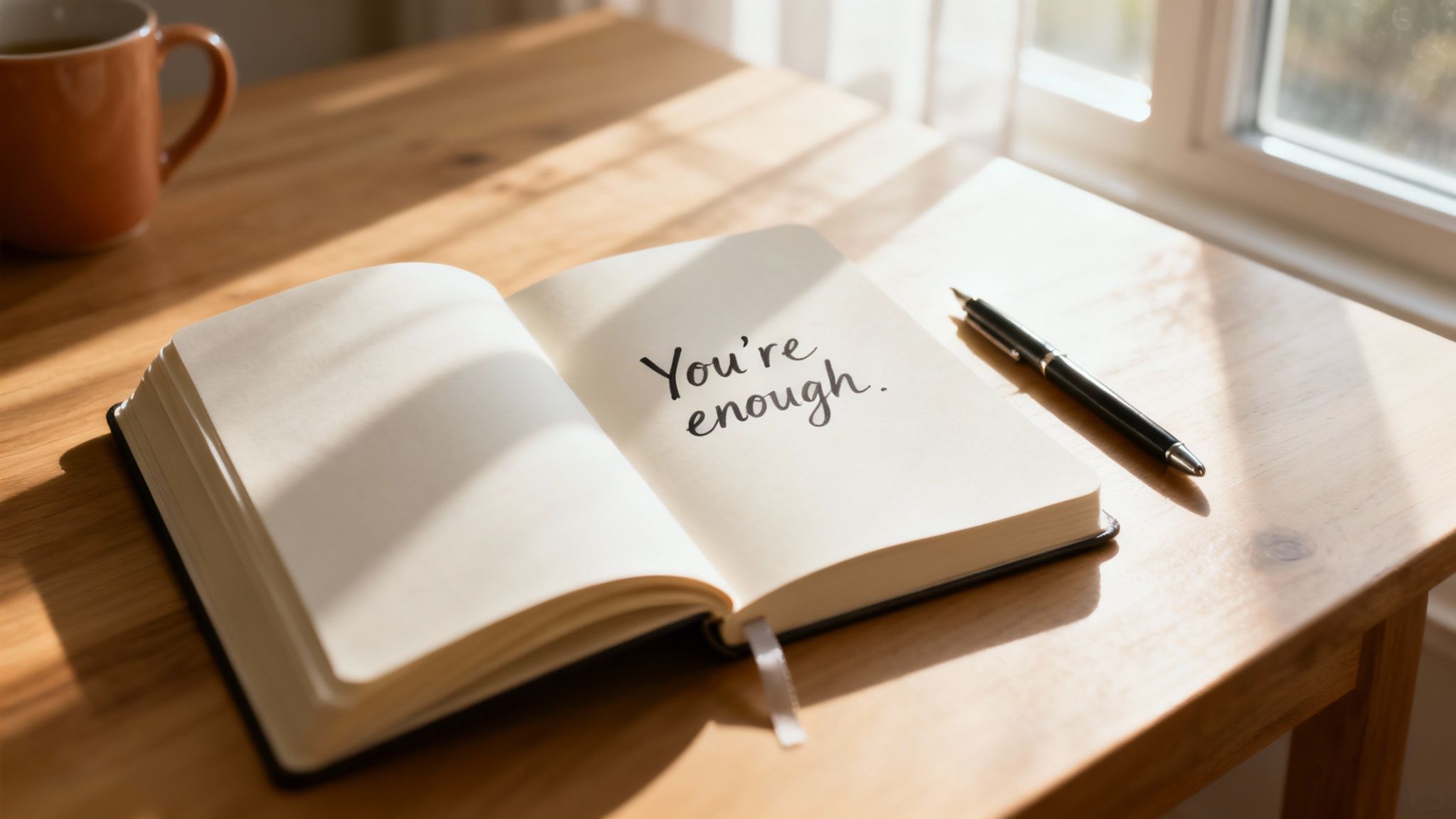 A person sitting in a comfortable chair by a window, journaling in a notebook with a warm cup of tea beside them, illustrating a moment of quiet self-compassion.