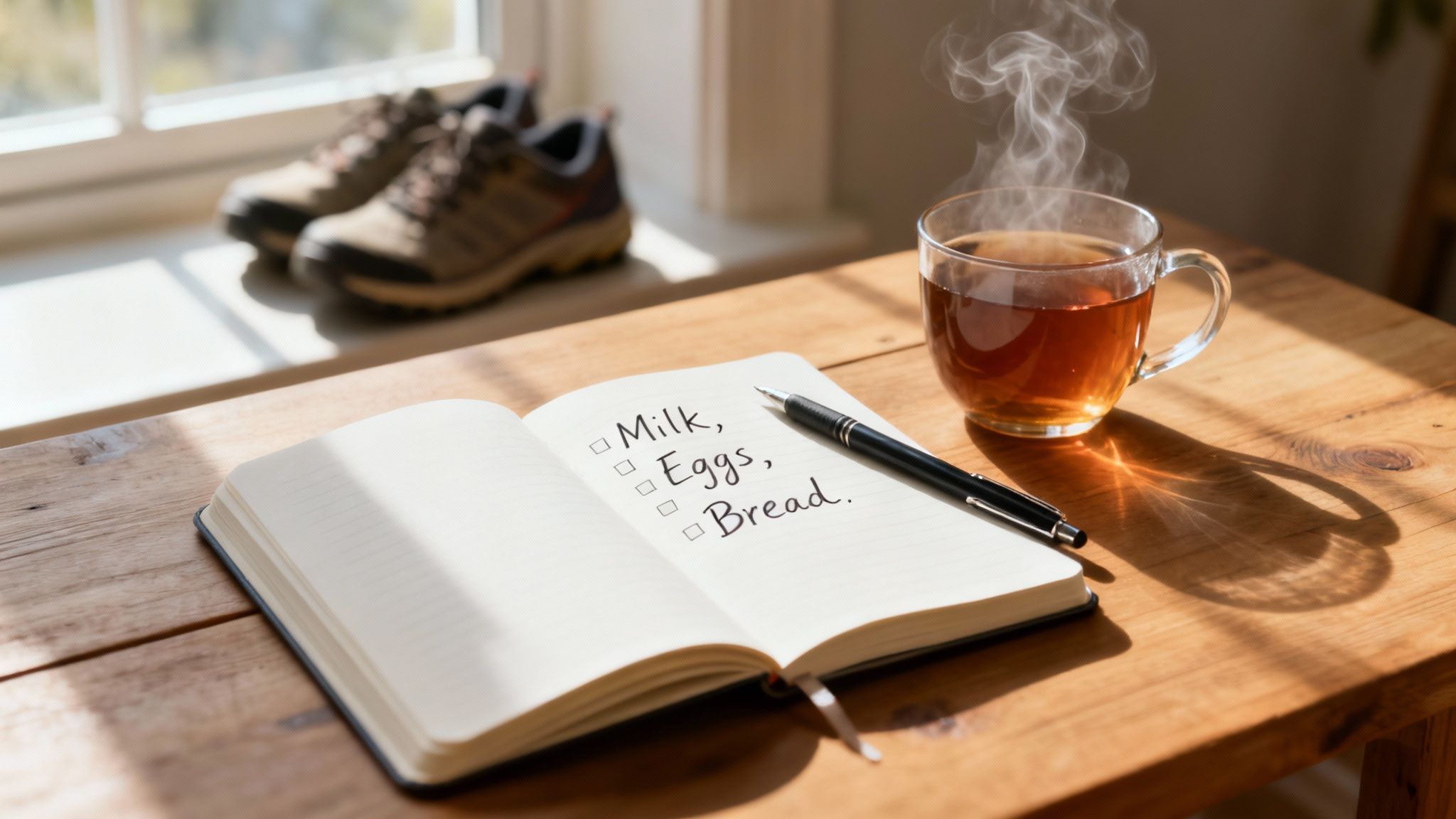 An open notebook with a shopping list and a pen next to a steaming cup of tea on a sunlit wooden table.