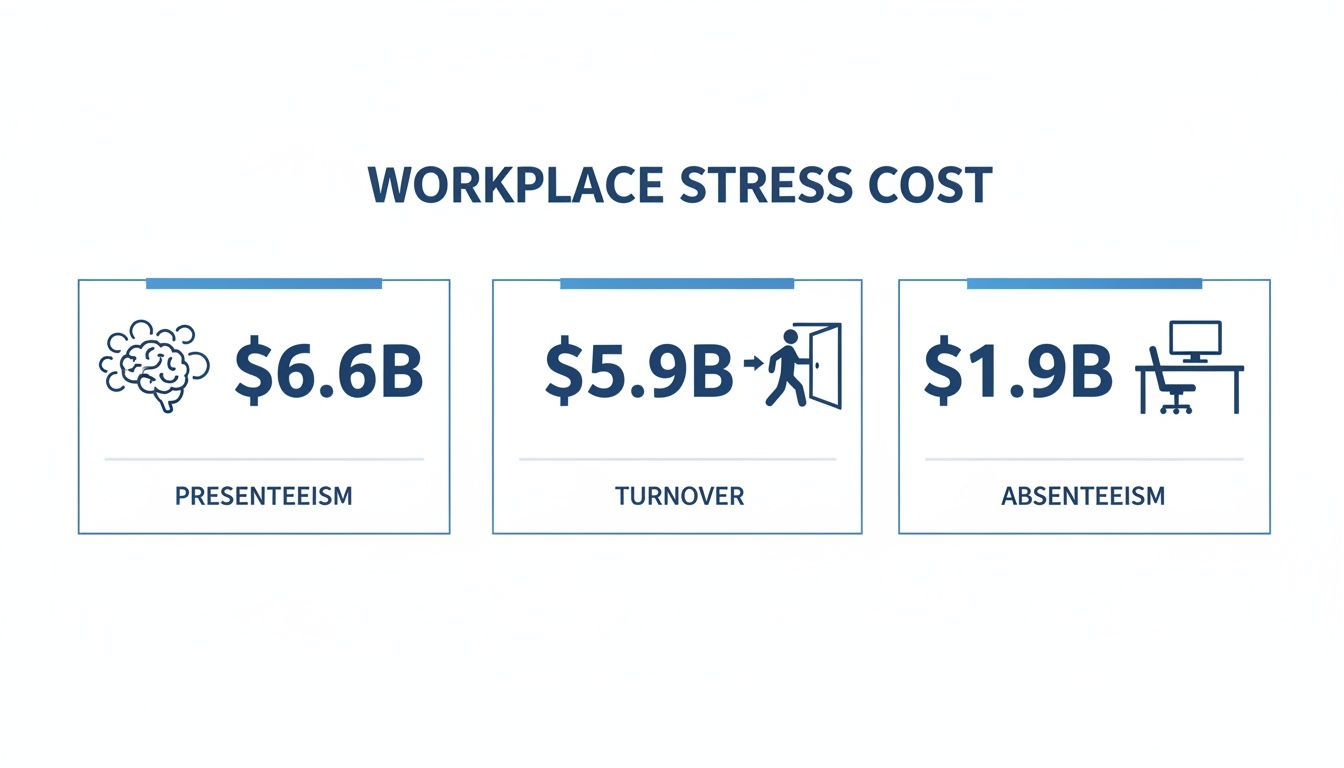 A graphic detailing workplace stress costs, showing presenteeism, turnover, and absenteeism expenses.