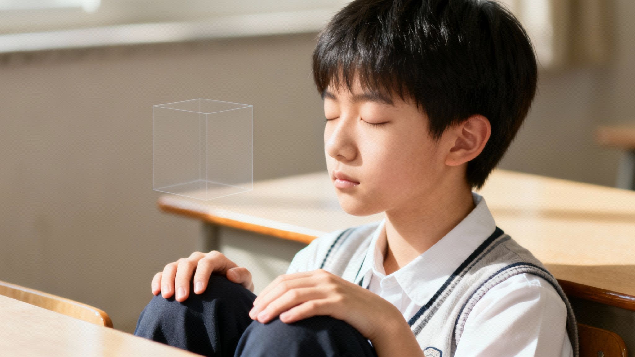 Young student with closed eyes meditating in a classroom, visualizing a transparent cube.