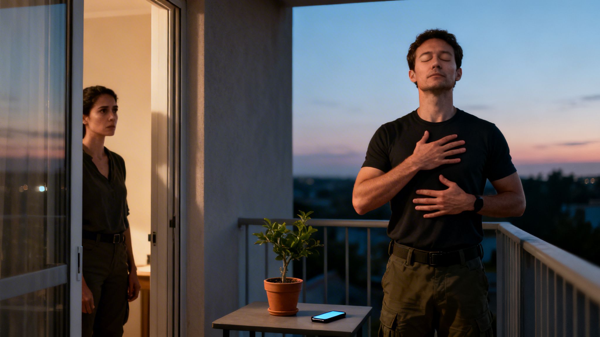 A man meditates on a balcony at sunset with hands on chest as a woman observes.