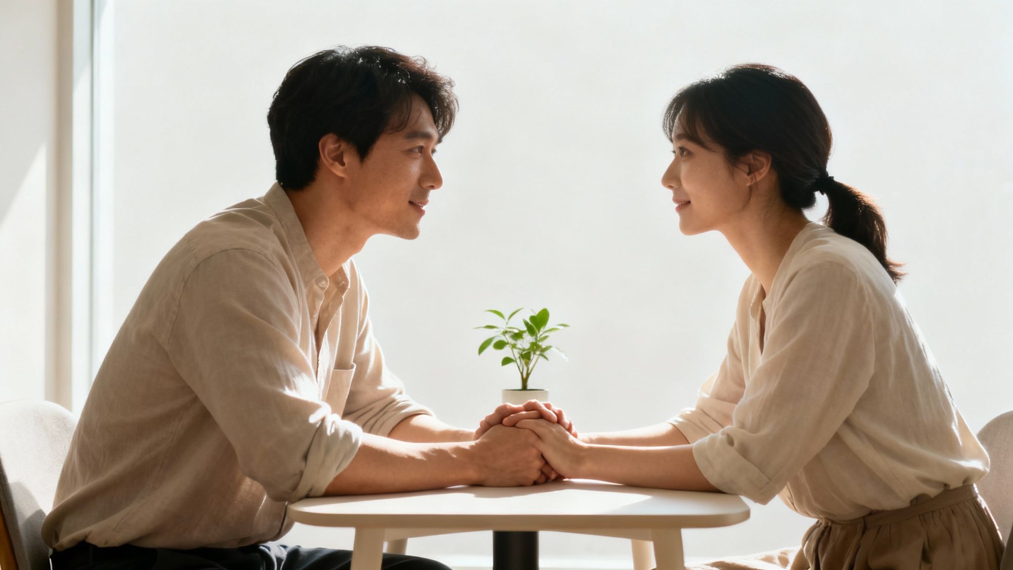 A happy couple sits across a table, holding hands and smiling lovingly at each other.