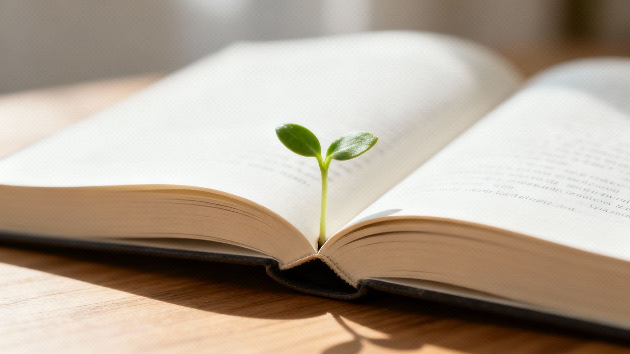 A vibrant green sprout with two leaves emerging from the spine of an open book.