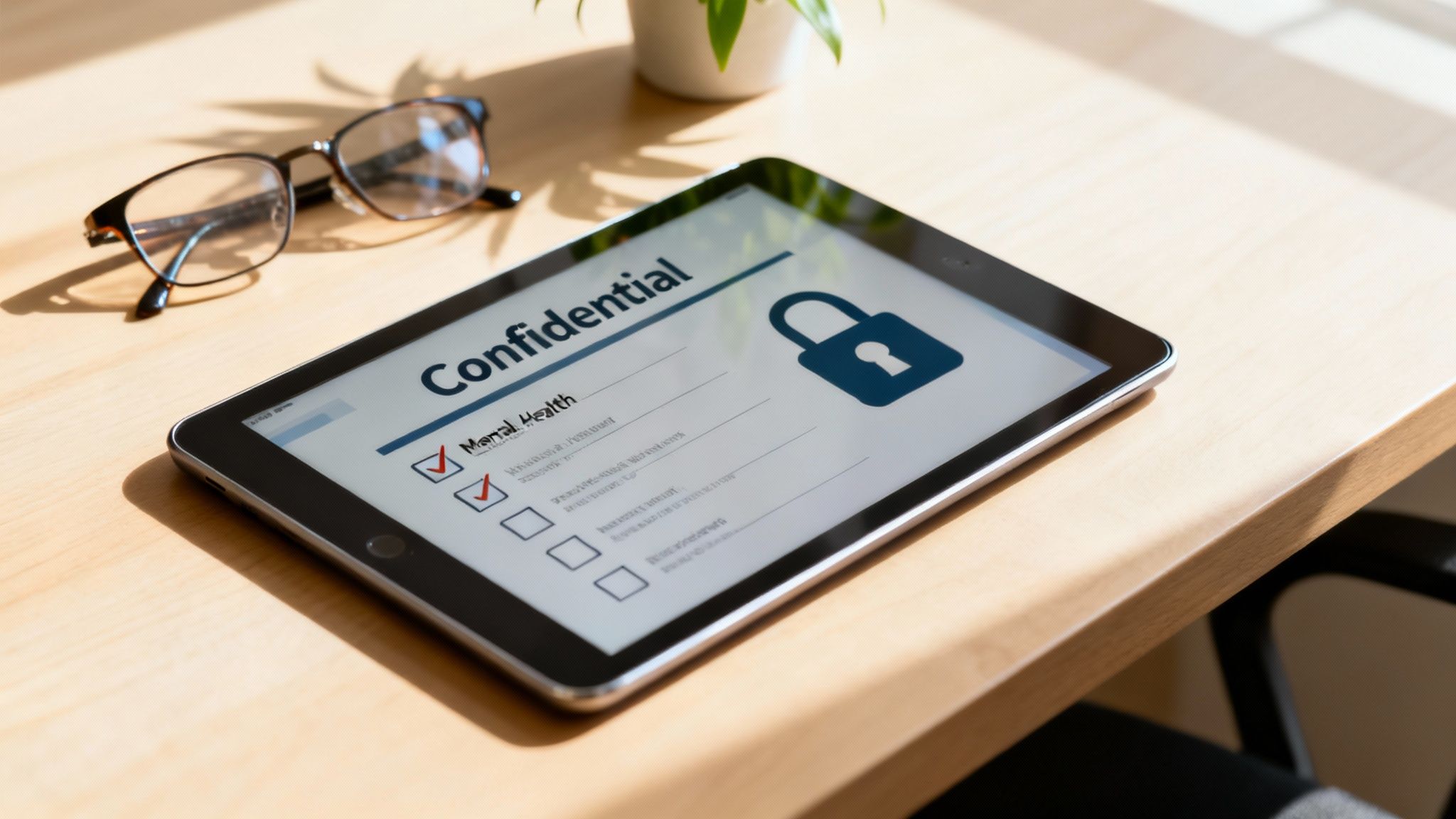 A tablet on a wooden desk displays 'Confidential' and 'Mental Health' with checkboxes, next to eyeglasses.